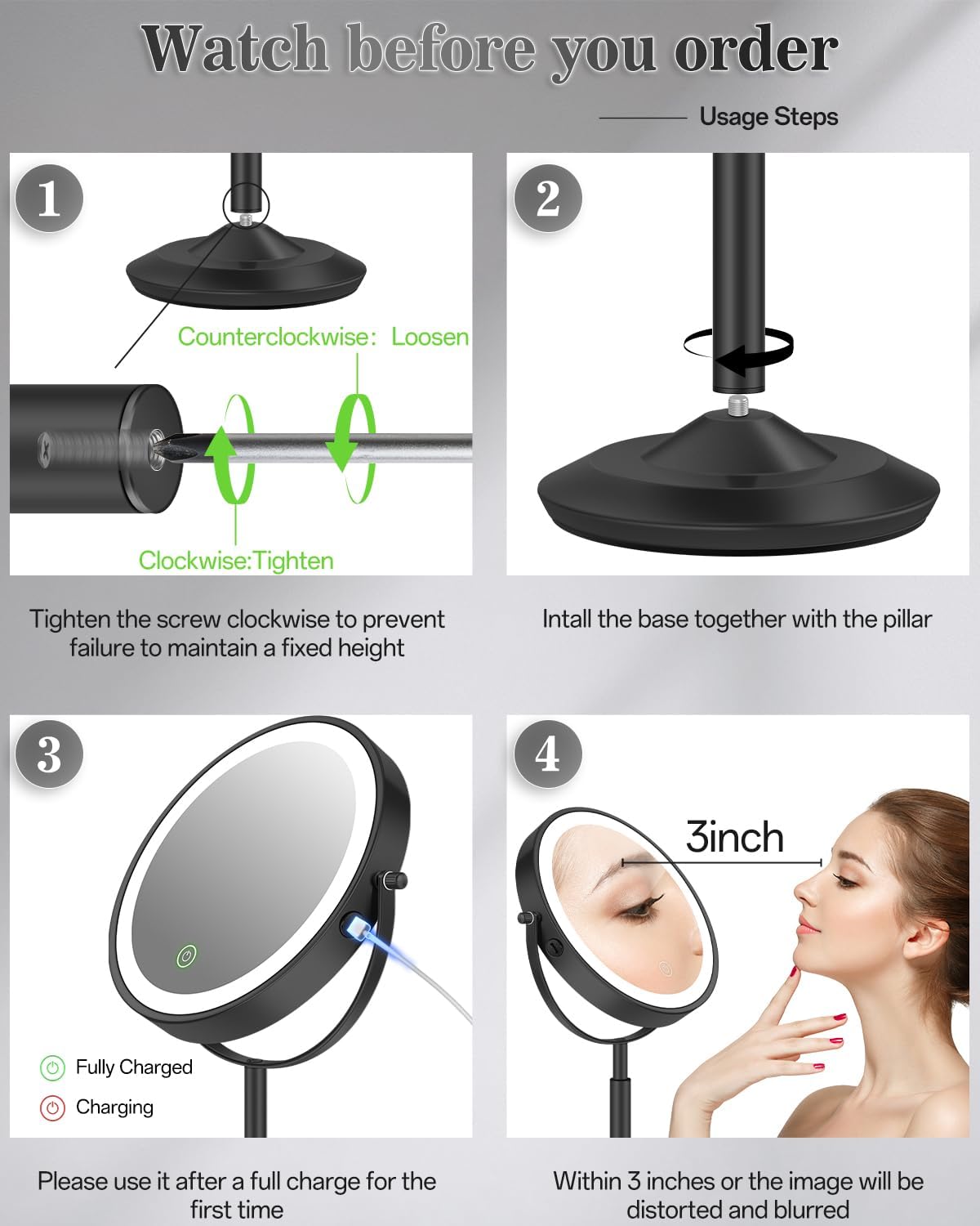 Makeup Mirror with Lights, 1X/30X Lighted Magnifying Mirror Height Adjustable, 3000mAh Rechargeable Double Sided Vanity Mirrors with 3 LED Lighting and Adjustable Brightness for Desk Women Gift - Image 2