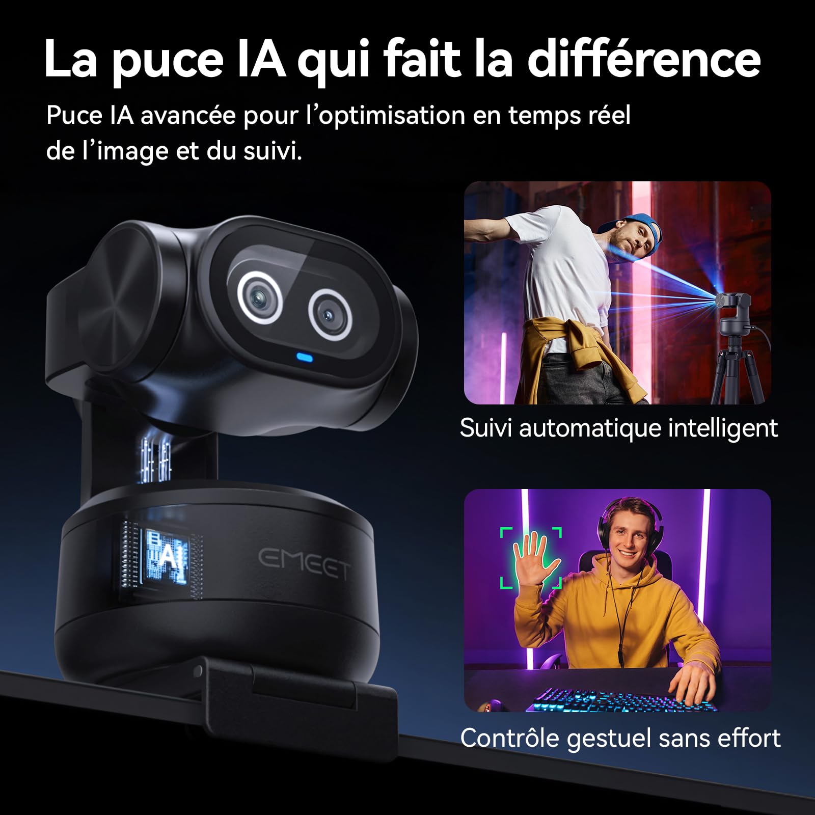 eMeet Caméra PTZ PIXY Double Caméra 4K Alimentée par IA, Suivi IA, Mise au Point Rapide de 0,2 s, avec Capteur Sony, 3 Microphones, Webcam 4K pour Le Streaming et Compatible avec OBS/Twitch/Switch 2