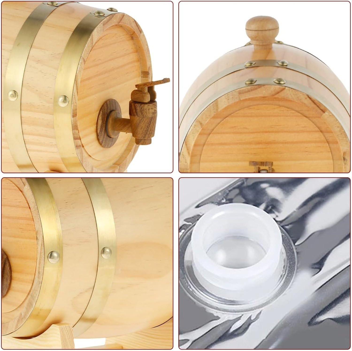 Wooden Wine Barrel 1.5L Pine Wood Beer Barrel Sealing Whiskey Barrel Dispenser Leak Proof Brandy Bucket Wine Storage Holder with Tap & Stand,Wood Color