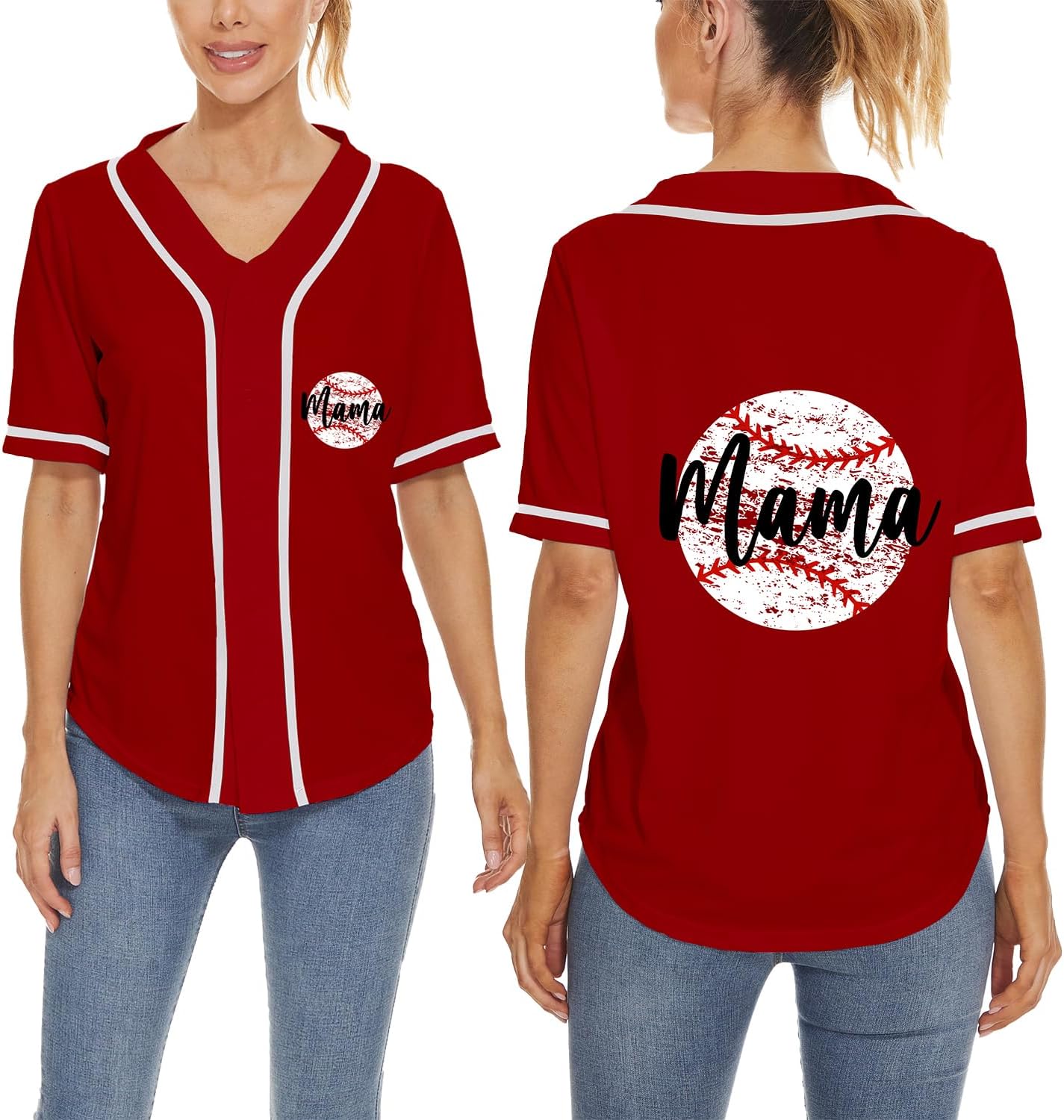 Mowbeat Baseball Jerseys Mom Mama Letter Print Button Down T Shirts Birthday Gift Sport V Neck Shirt Women Tee