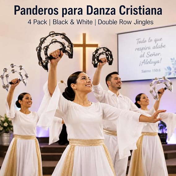 APACALI 4 Pack Half Moon Tambourines for Adults, 10 Inch Hand Held Tambourine with Double Row Metal Jingles, Panderos de Danza Cristianos for Church Worship, Dance, Music Class and Party, Black White