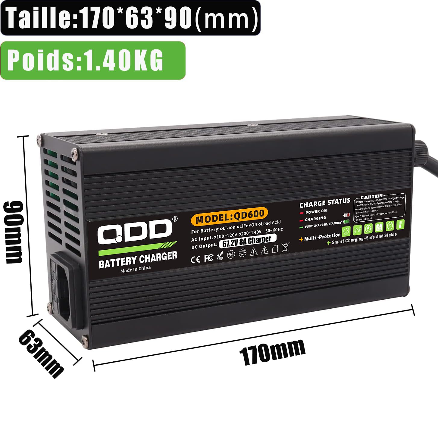QDD Chargeur Intelligent De Batterie Li-ION 67,2 V 8 A avec Boîtier en Aluminium Noir et Sortie de Ventilateur de Refroidissement GX16 1+3 Prises pour Batterie Li-ION 16 S 60 V