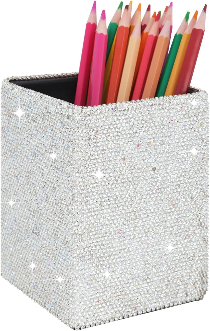 KEYPOWER Crystal Pencil Pot Holder Box Bling Rhinestone Pen Organizer Holder Cosmetic Pen Container Comb Brushes Personalized (Square White&AB Color)