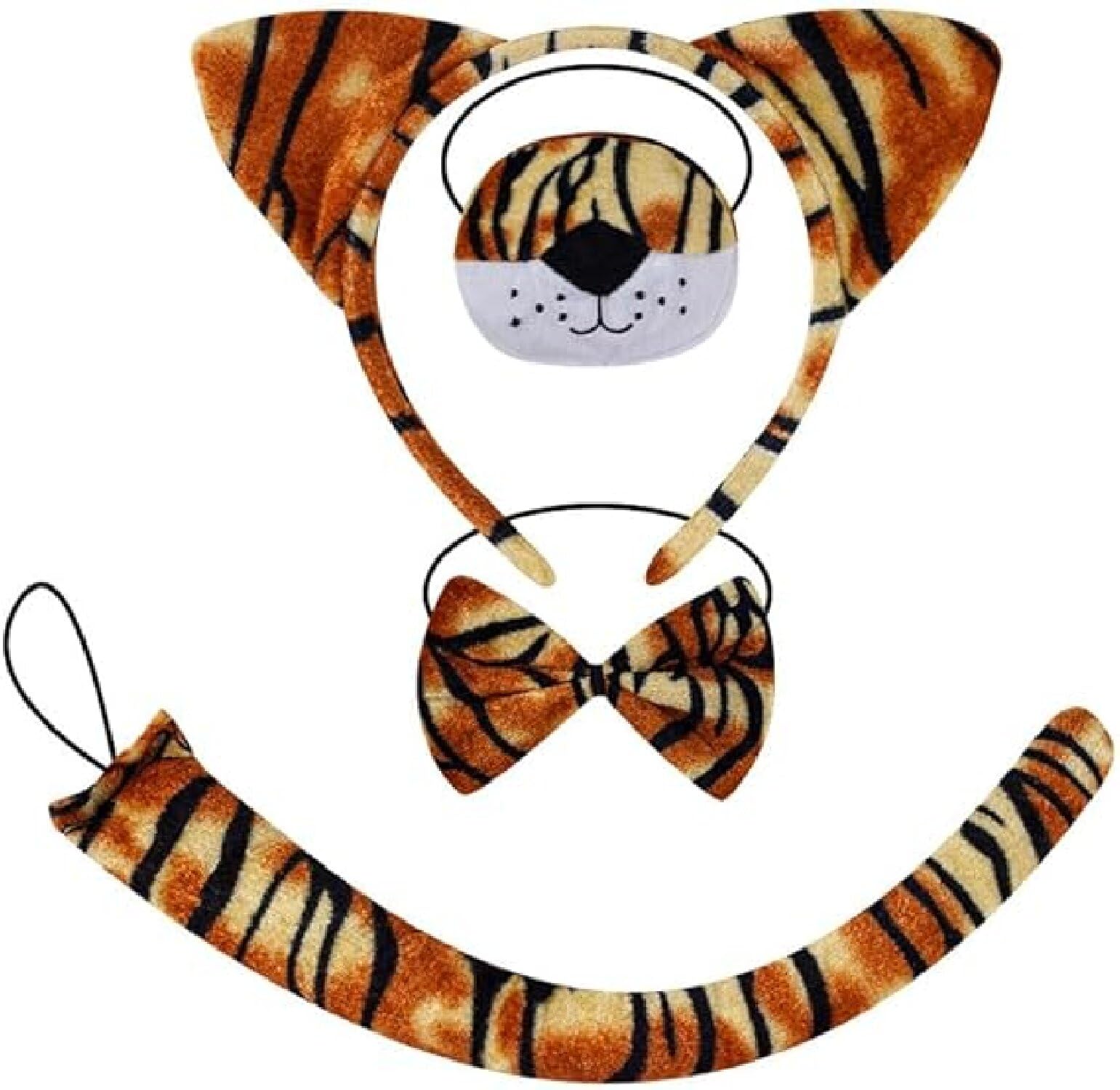HWZENQZ 4 Pieces Animal Costume,Tiger Ears Tail Nose and Bowtie Set,Safari Party Costume Accessories, Fancy Dress Animal Theme Party Supplies for Halloween, World Book Day (Tiger)