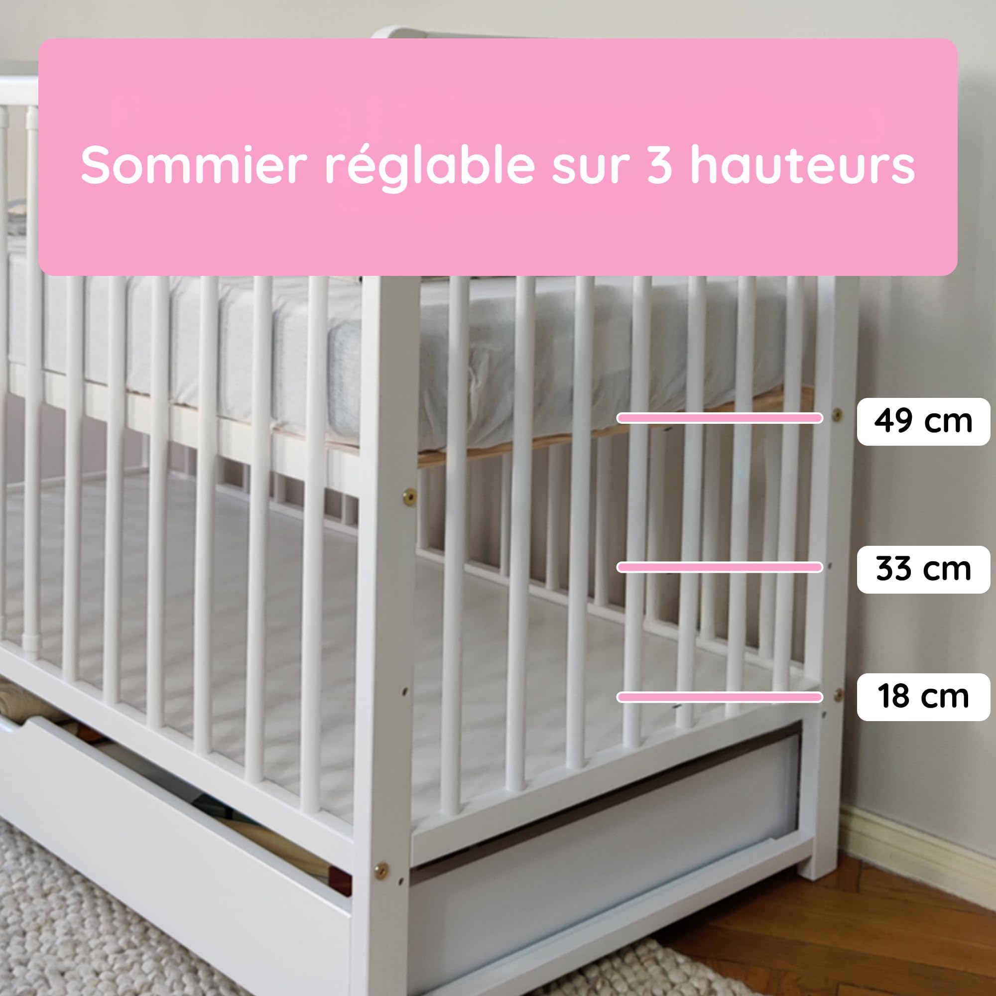 Lit Bébé 60x120 cm Lit à barreaux Évolutif Set Complet avec Matelas et Sommier 3 Hauteurs Tiroir, Barreaux Amovibles | Pin Massif Blanc