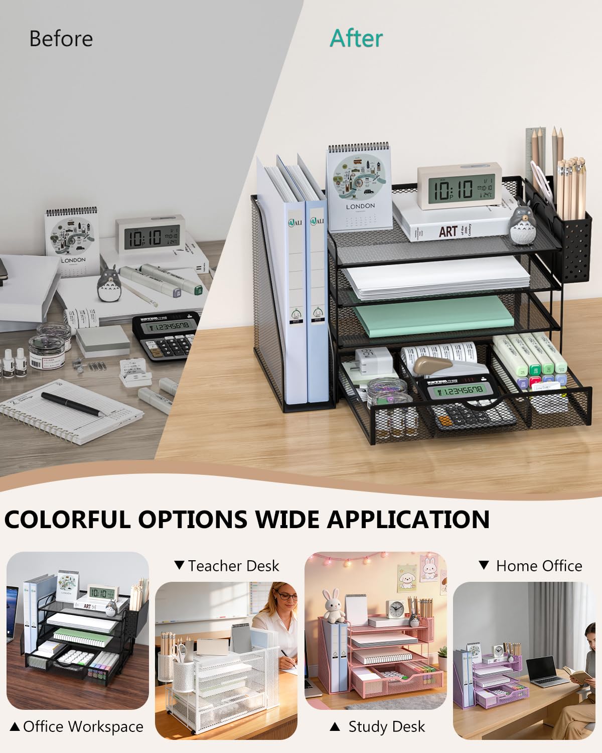 WALI Desk File Organizer, 4 Tier Desktop Paper Letter Tray Organizer with Drawer and 2 Pen Holders, Office Desk Accessories & Workspace Organizers for Office, Home Supplies(DO005DH-2B), 2 Packs, Black view 6