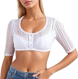 Suéter brillante para mujer – Parte superior de encaje blanco con banda elástica estilo tirolesa, corsé para fiestas de cerveza alemana, para fiestas de disfraces y bailes folclóricos