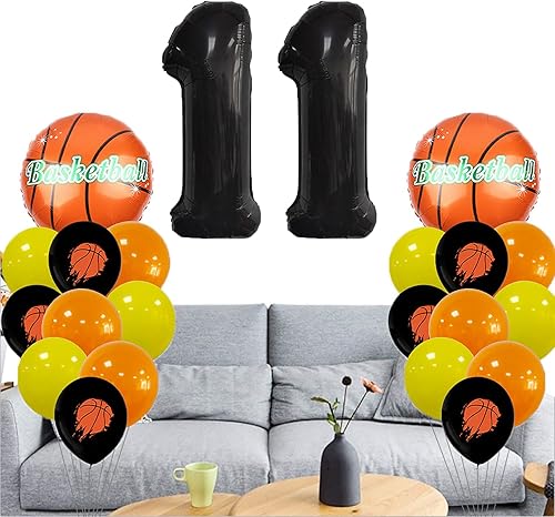 Miniatura 2 de DUXUANT Juego de globos de baloncesto de 11 año, globos negros de Mylar con el número 11, globos de látex para fiesta de cumpleaños número 11,
