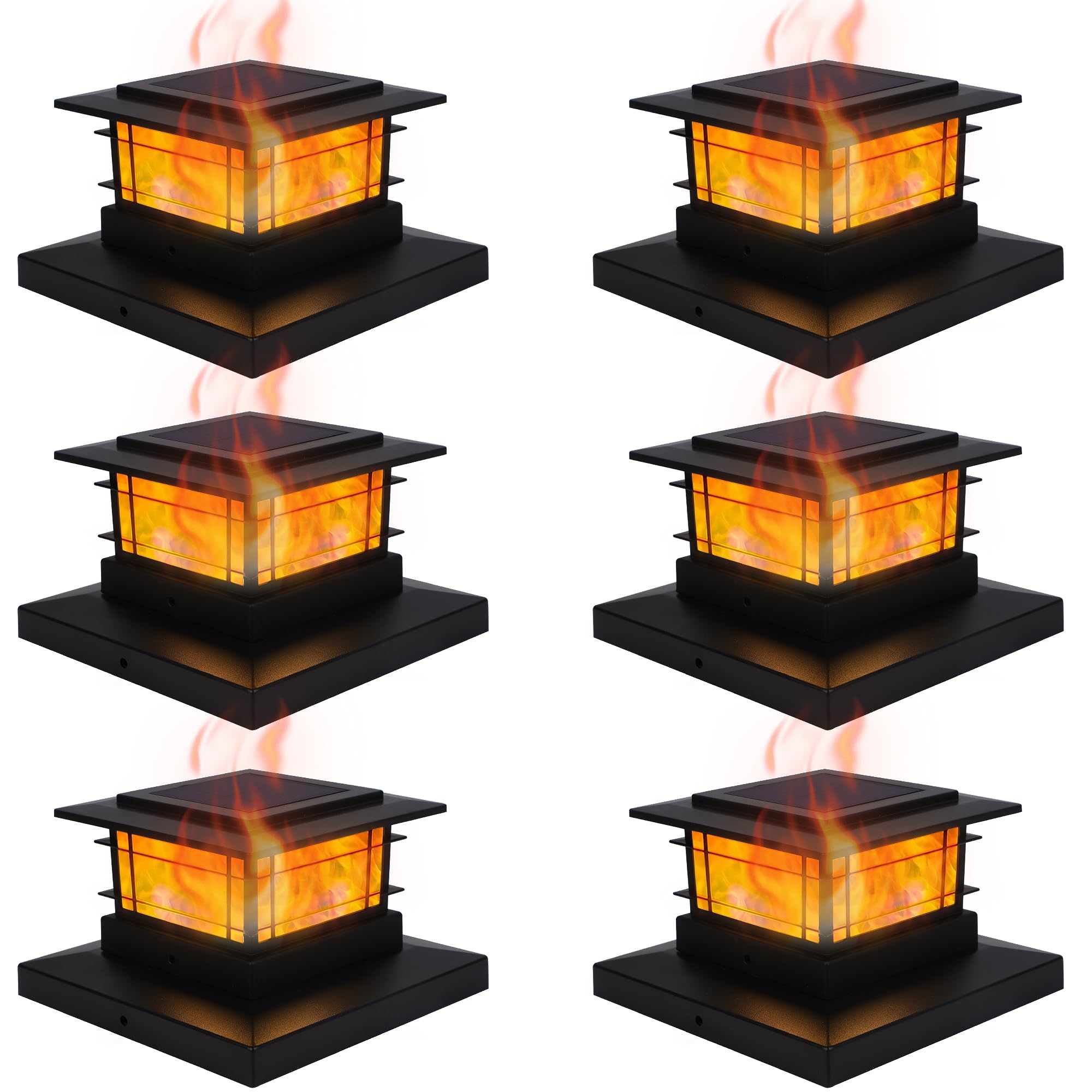 Dynaming 6 Pack Solar Flame Post Lights Outdoor, Solar Powered Fence Post Cap Lights, High Brightness Flickering Flame SMD LED Lighting Decor for Garden Deck Patio, 4x4, 5x5 or 6x6 Vinyl/Wooden Posts