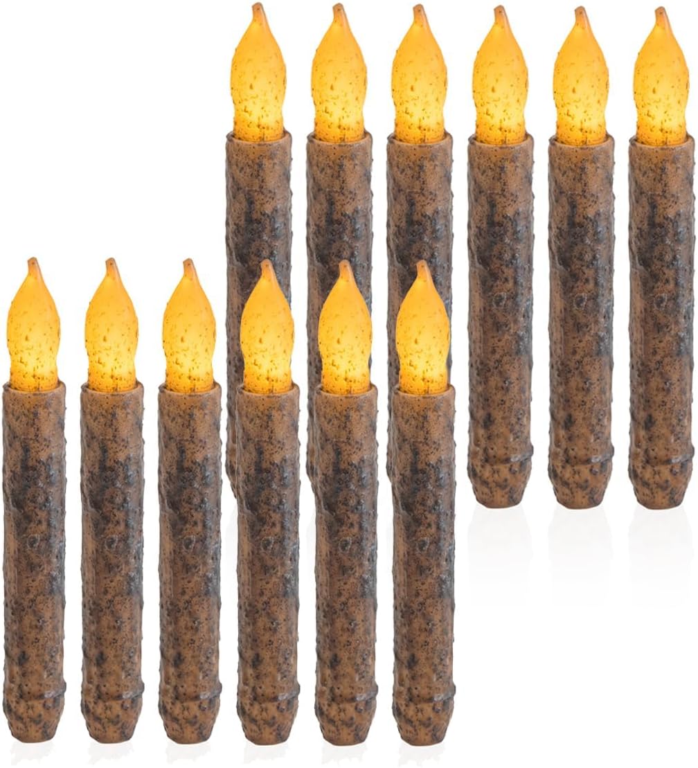 12 Pcs Real Wax Taper Primitive Flameless Candles with Timer, Auto-On 6 Hours and Off 18 Hours Everyday, Hand Dipped Rustic LED Candles for Christmas Country Home Primitive Decor