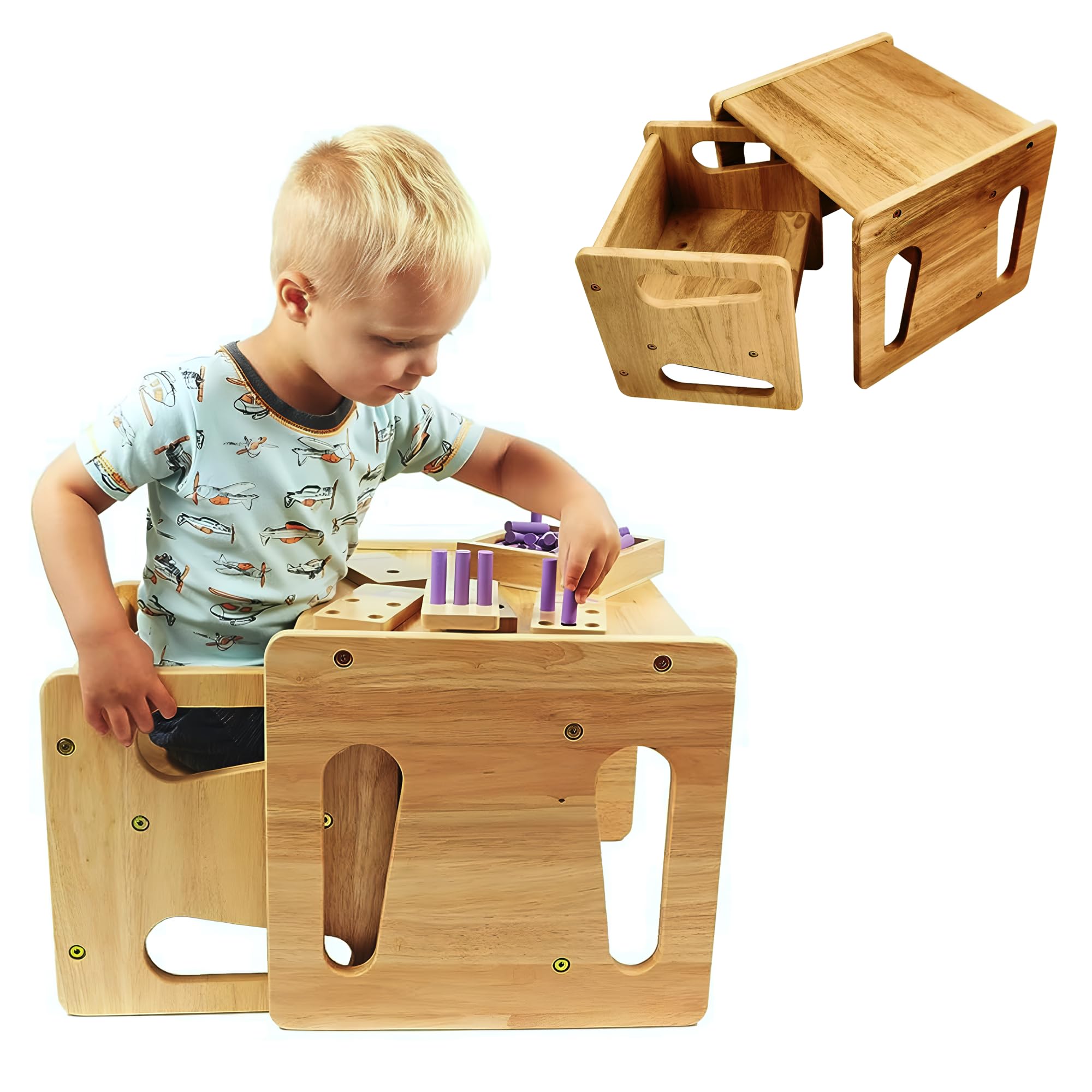 HEXARMontessori Weaning Table and Chair Set 2 Pcs Real Hardwood Desk for Toddler Reading Snack Time Playroom Activity Cube Step Stool 1-4 Year Old Kids Montessori Furniture (SOLID WOOD – 2 PCS)