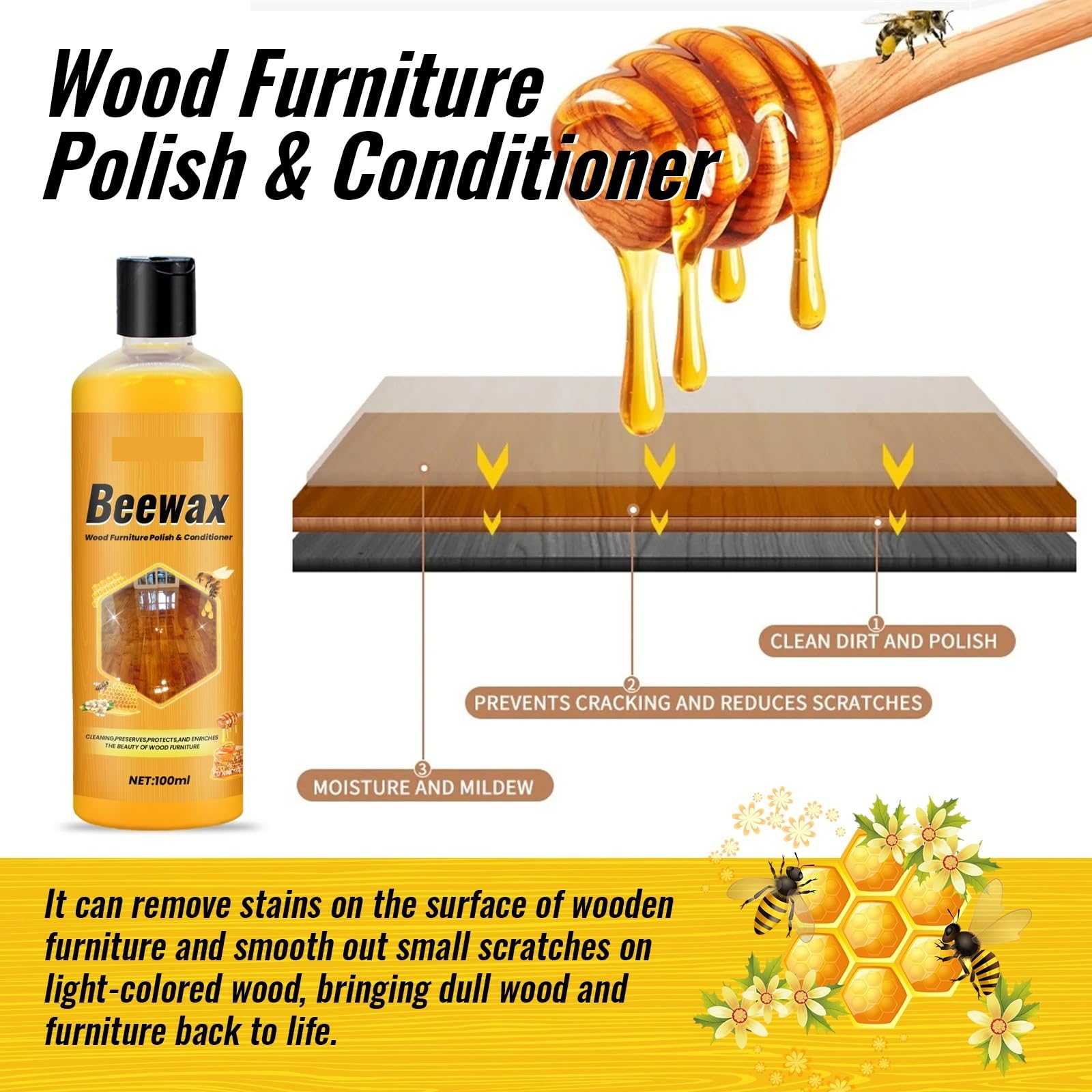 5 unidades de 100 ml de cera de abejas for pulir pisos de madera, multiusos, for muebles de madera, polvo, suciedad, manchas, limpiador abrillantador de madera.