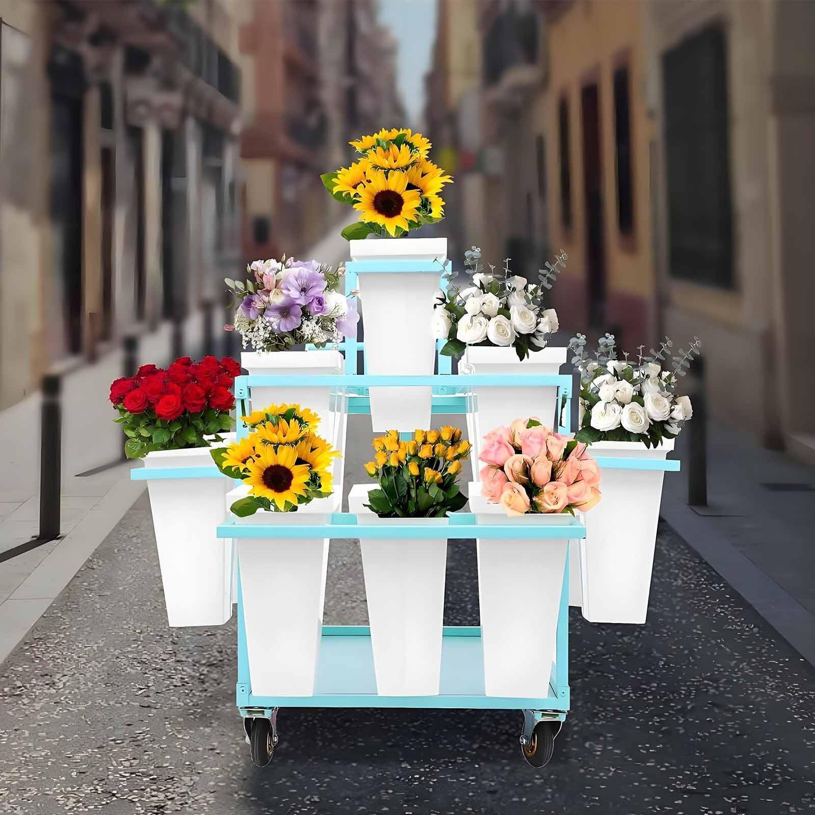 Este Soporte metálico para exhibición de Flores al Aire Libre con Soporte para Flores con 18 Cubos, Carrito de exhibición de Flores con Ruedas, Carrito de Flores para floristería, Patio y ja