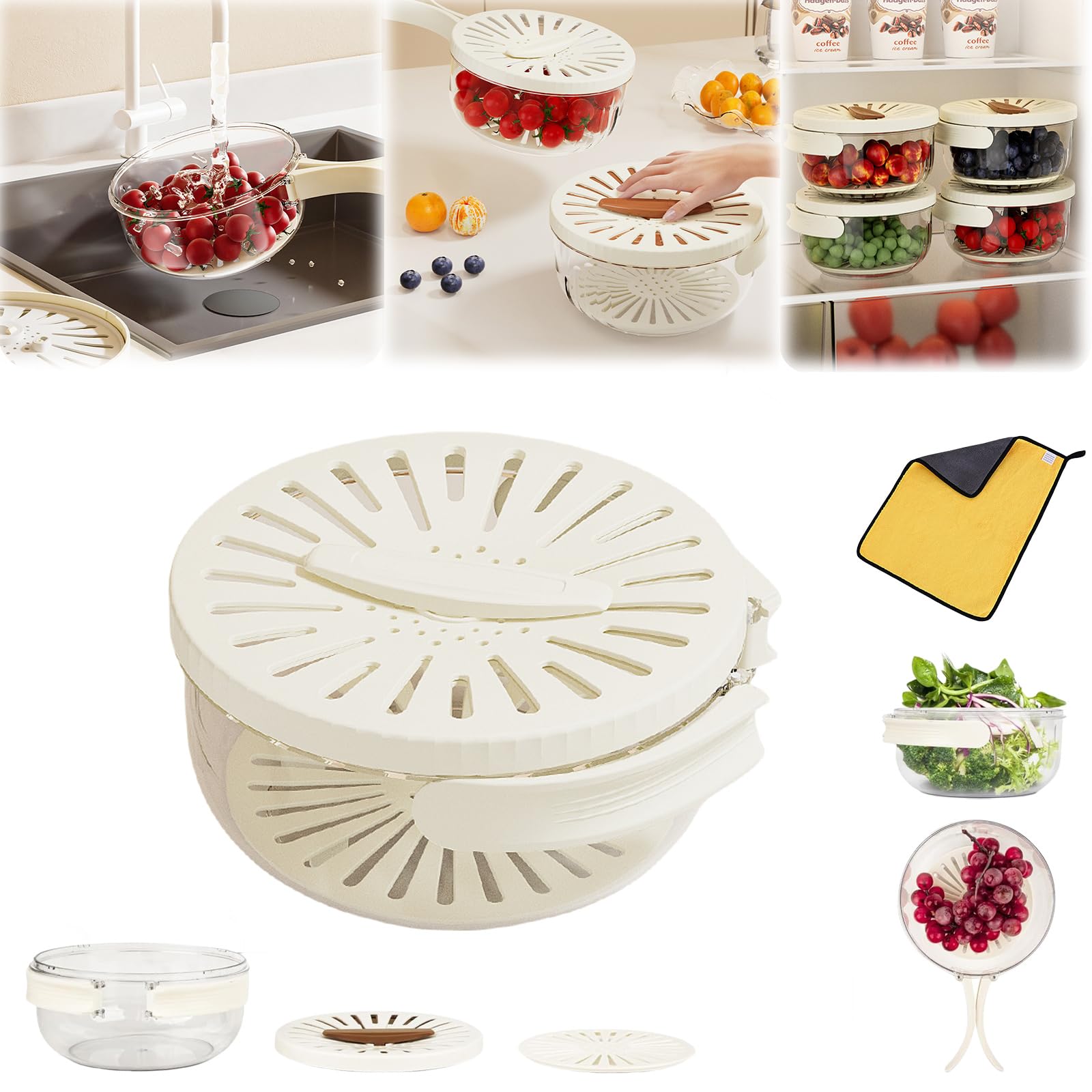 multifunctional fruit washing bowl-2-In-1 Drain And Fruit Washing Bowl With Filter, Multi-Function Drain Basket With Lid, Fruit And Vegetable Drain Bowl (white)