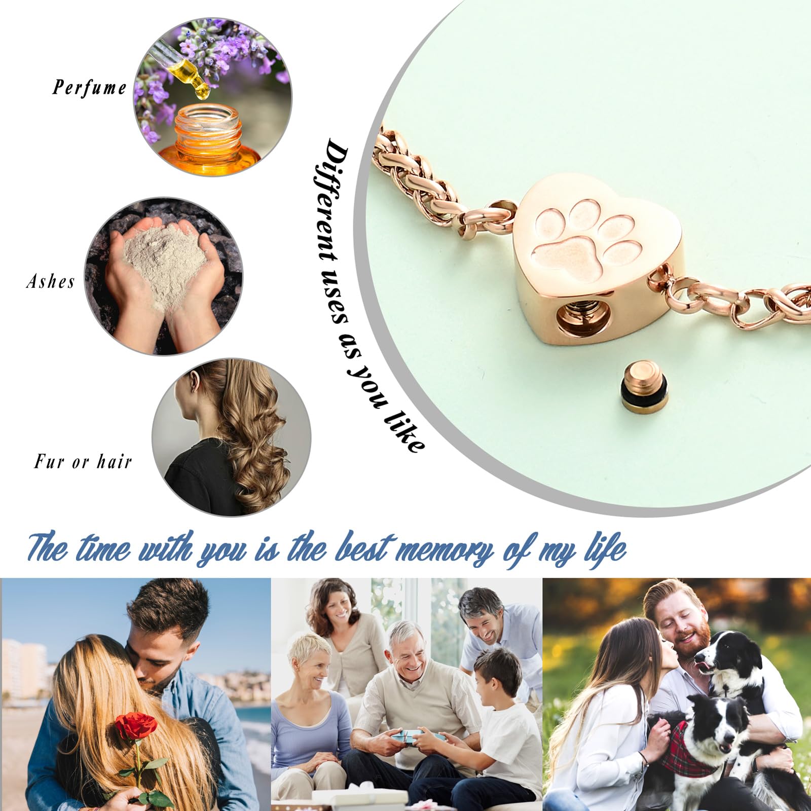 Bracciale con urna a forma di cuore per animali domestici in acciaio inox Paw Print