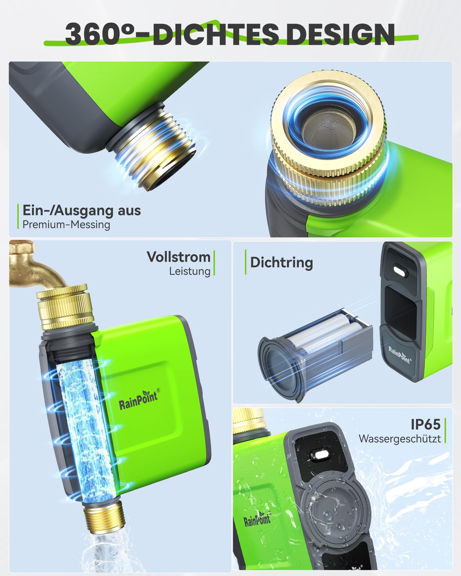 RAINPOINT Bewässerungscomputer WLAN mit Messing Einlass und Auslass, Smart Bewässerungssteuerung, APP/Sprachsteuerung, Wetterbasiert, Automatisches Bewässerung für Garten Rasen, 6 Zeitplänen