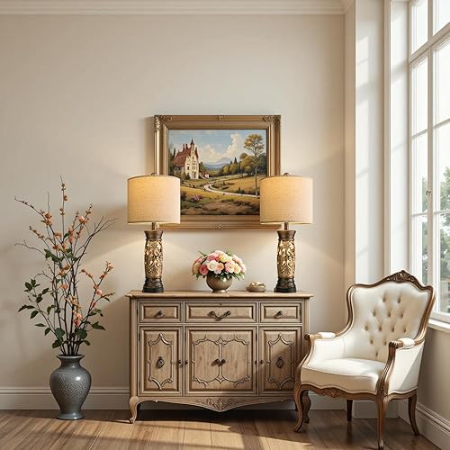 Miniatura 5 de BOBOMOMO Juego de 2 lámparas de mesa doradas antiguas de 27.25 pulgadas, lámparas de noche de granja con luz nocturna y puertos USB A+C, lámparas