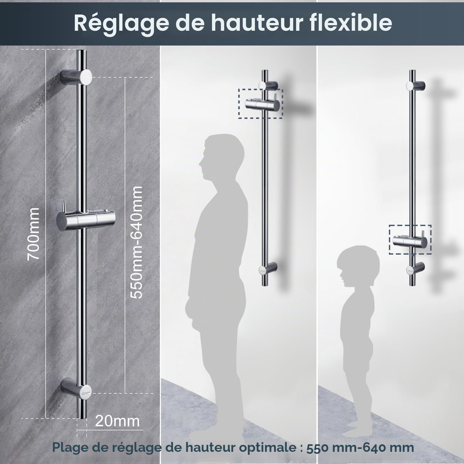 Mitigeur Thermostatique DETBOM pour Douche avec Sécurité Anti-brûlure 38 °C, Barre inox 70 cm, Pomme 3 Jets, Flexible 1,5 m et Support Réglable – Ensemble Complet Chrome