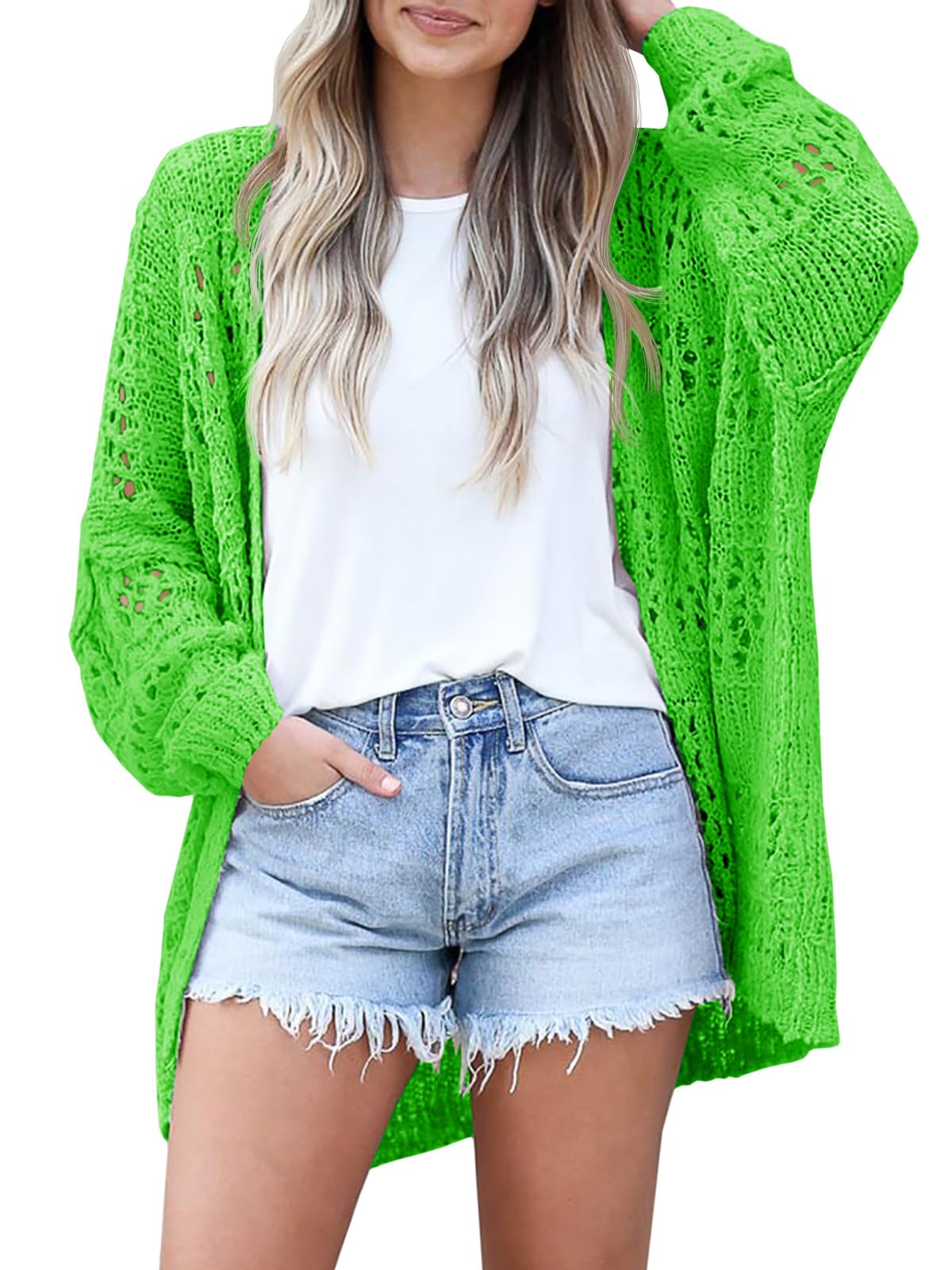 Ermonn Womens Crochet Cardigan Sweater Kimonos Boho Solid Color Oversized Spring Open Front Outwear