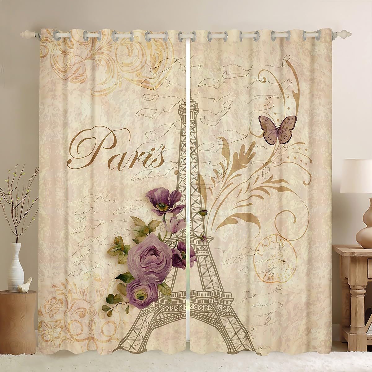 Eiffel Tower Window Curtains Teens Adult Women,Purple Rose Curtains for Bedroom,Romantic Paris Draperies for Living Room,Retro Style Window Treatment