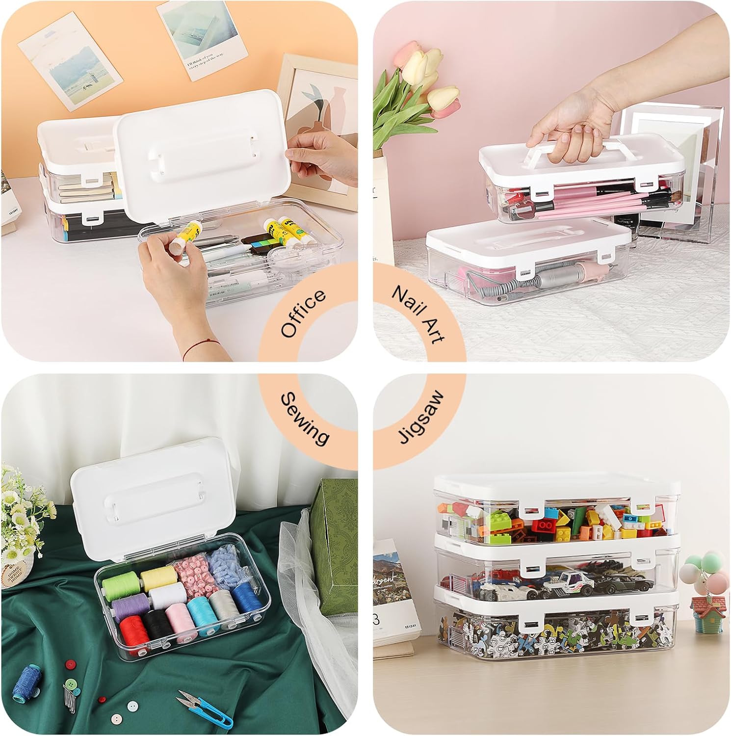 BTSKY 3 Pack Clear Plastic Storage Box with Handle & Flap Lid, Portable Craft Organizers and Storage Box Art Supply Storage Organizer Multipurpose Plastic Sewing Box for Beads Pencils Sticky Notes