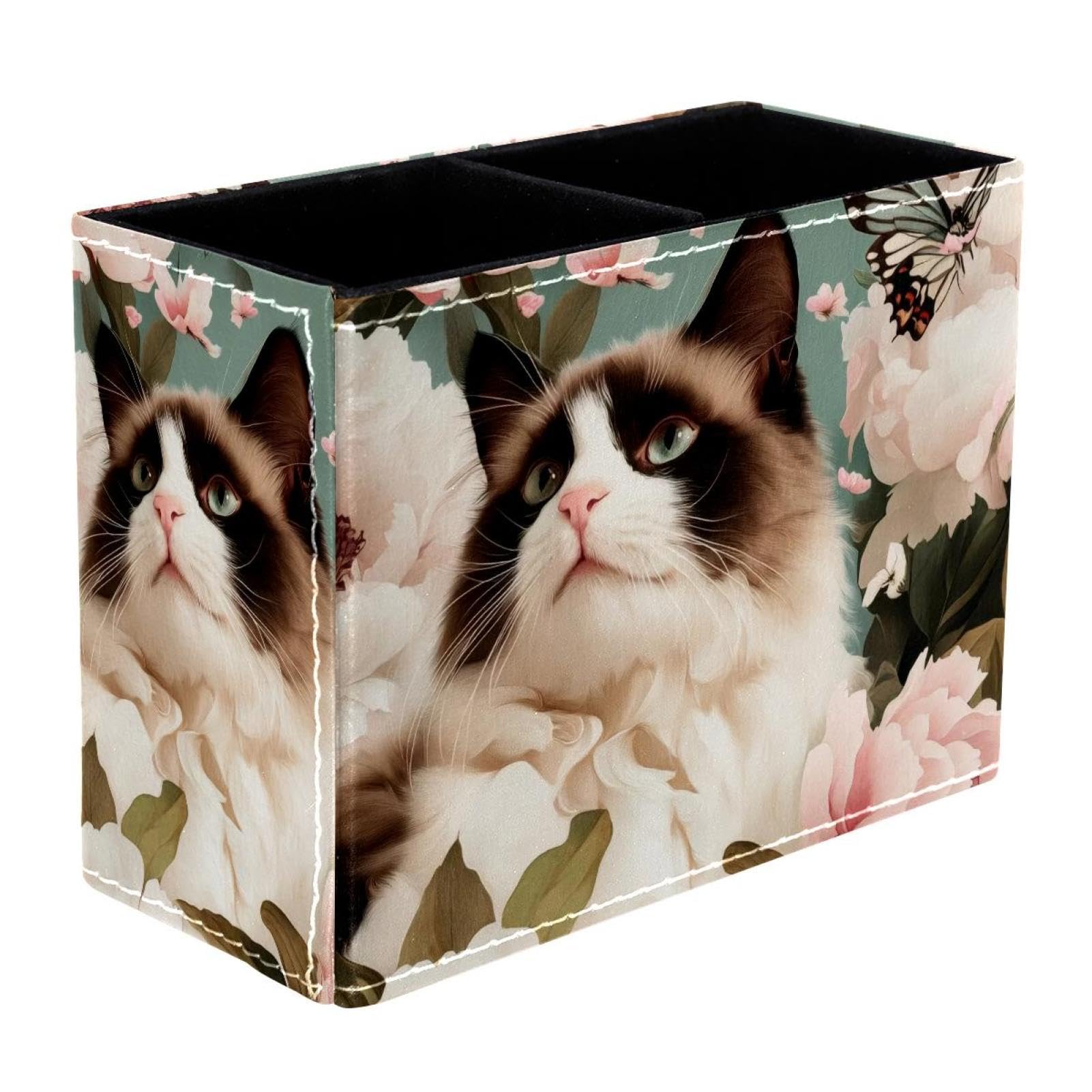 FWJZDSP Pencil Holder for Desk, Cat Peonies Pen Holder Storage Desktop Pen Organizer Desk Pencil Organizer Makeup Brush Holder for Office School College
