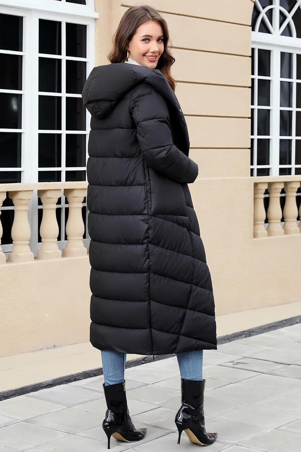 XULIKU Women Winter Long Puffer Coat Hooded, Warm Quilted Jacket, Zipper Up Long Sleeve Overcoat with Pockets - Image 2