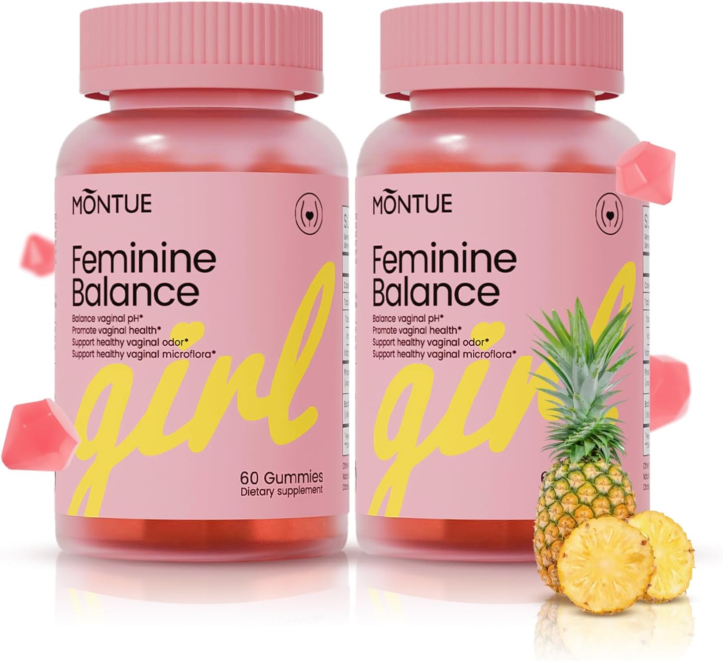 Montue Premium Feminine Balance Gummies-pH Balance with Prebiotics & Lactobacillus Probiotic Blend&Hawaiian Pineapple Immune Support, Vegan & Non-GMO, 60 Gummies (120)