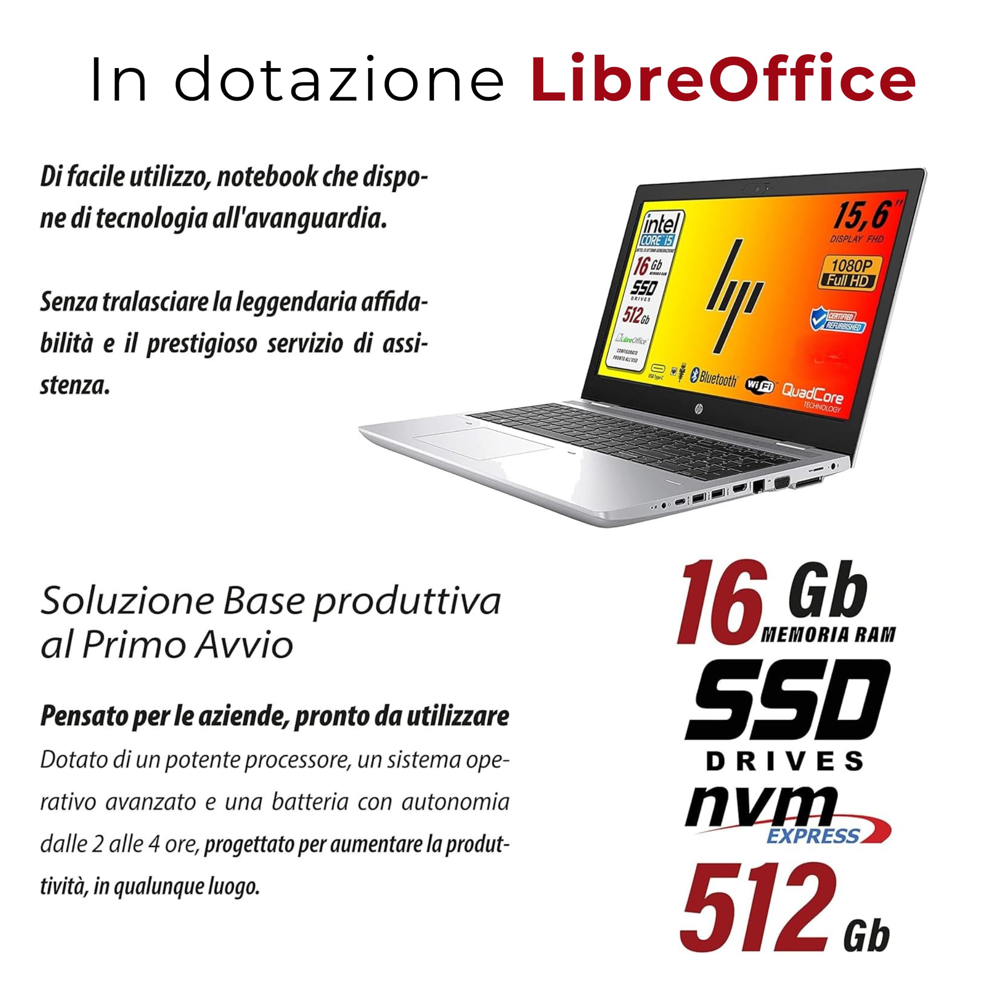 HP ProBook 650 G5 Intel i5-8250U Intel Core i5 de 8 générations 15,6" HD Libre Office, RAM 16 Go SSD 512 Go, 3 x USB 3.0, 1 x HDMI, Wi-Fi, W11 (reconditionné)