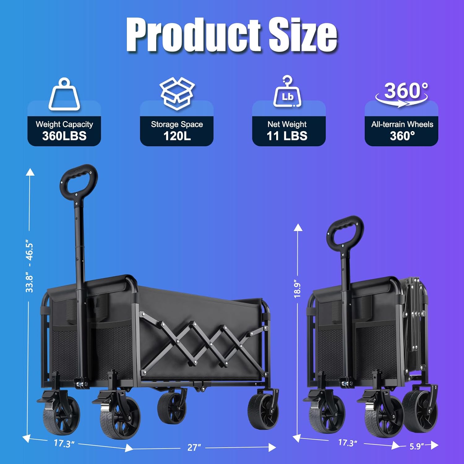 360LBS Collapsible Wagon Cart Foldable - Heavy Duty Portable Utility Folding Beach Wagon Cart with 360° Swivel Wheels & Brakes for Groceries Garden Beach Sports Shopping Camping