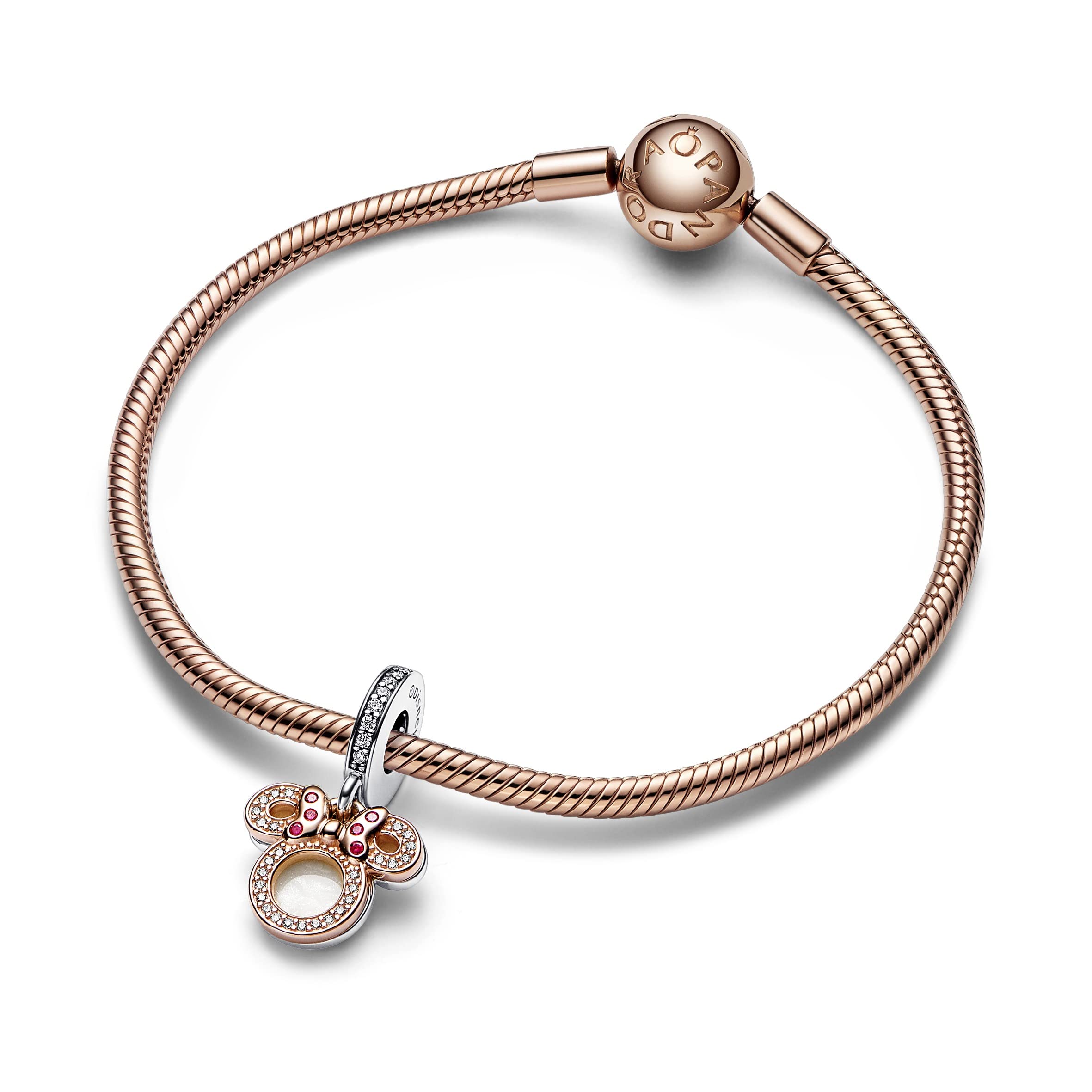 PANDORA Disney Ciondolo doppio con Minnie in argento Sterling e placcato in oro rosa 14 carati con zirconi cubici rossi trasparenti e smalto bianco scintillante