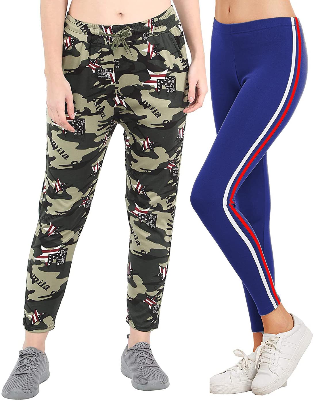 Trusha Dresses Combo of Army Pant and Side Strip Jeggings Women's Slim Fit Multicolor Army Print Track Pants/Joggers/Trouser