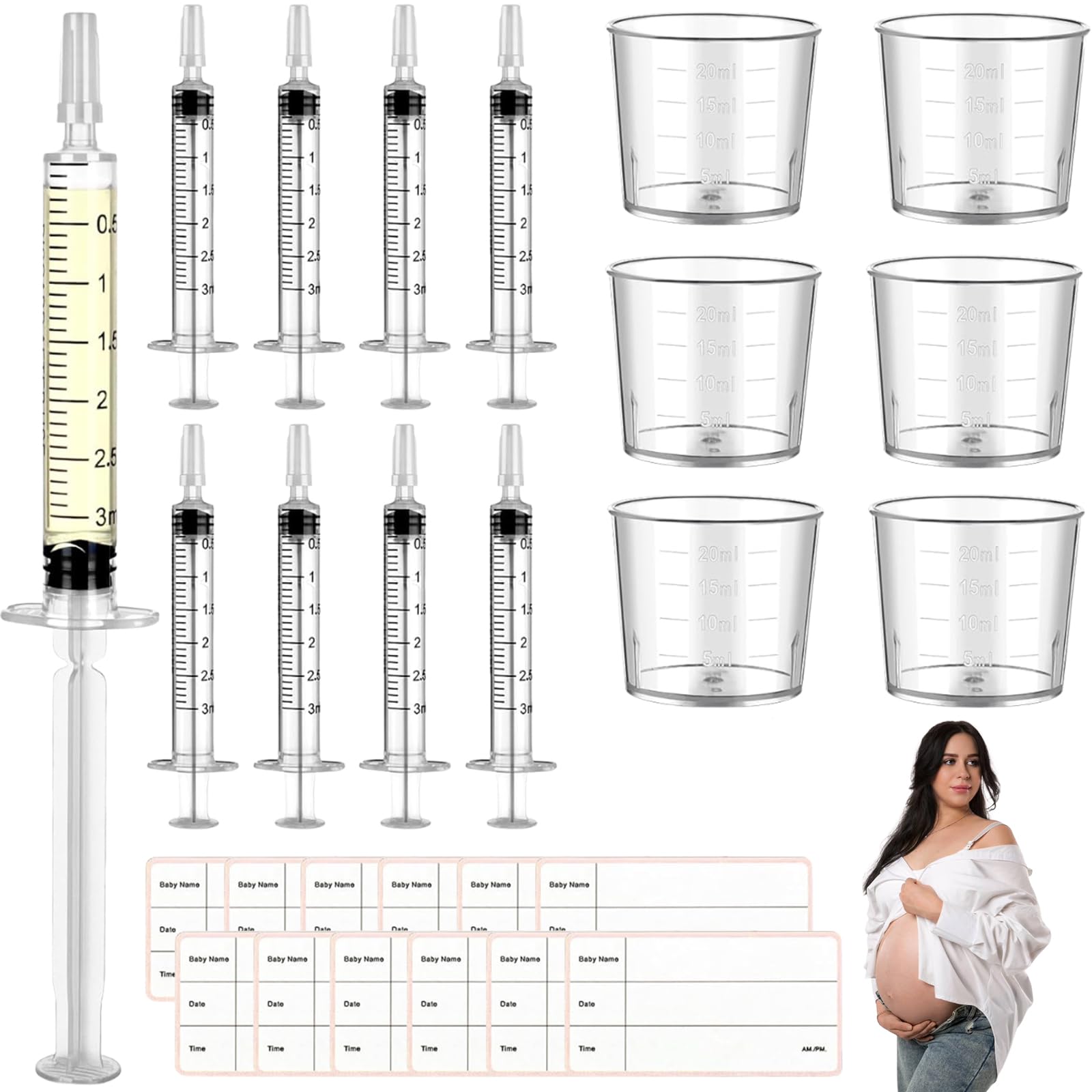 Colostrum Collector Kit, Colostrum Harvesting Kit with 6 20ml Measuring Cups, 60 3ml Syringes and 60 Stickers, Breast Milk Syringe with Protective Cap for Breastfeeding Pet Feeding