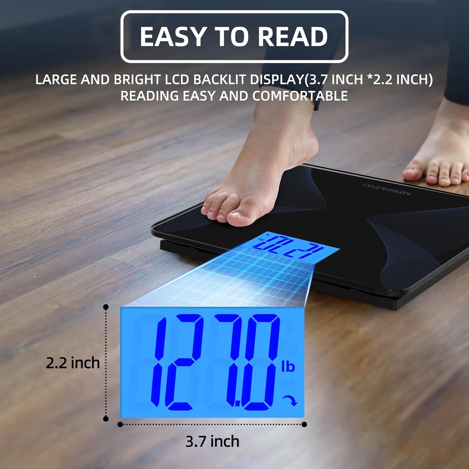 Scale for Body Weight 560lbs MPBEKING High Capacity Bathroom Scales Extra Large Platform Accurate Weighing Scale LCD Backlit Display with Tape Measure & 4 AAA Batteries (Black)