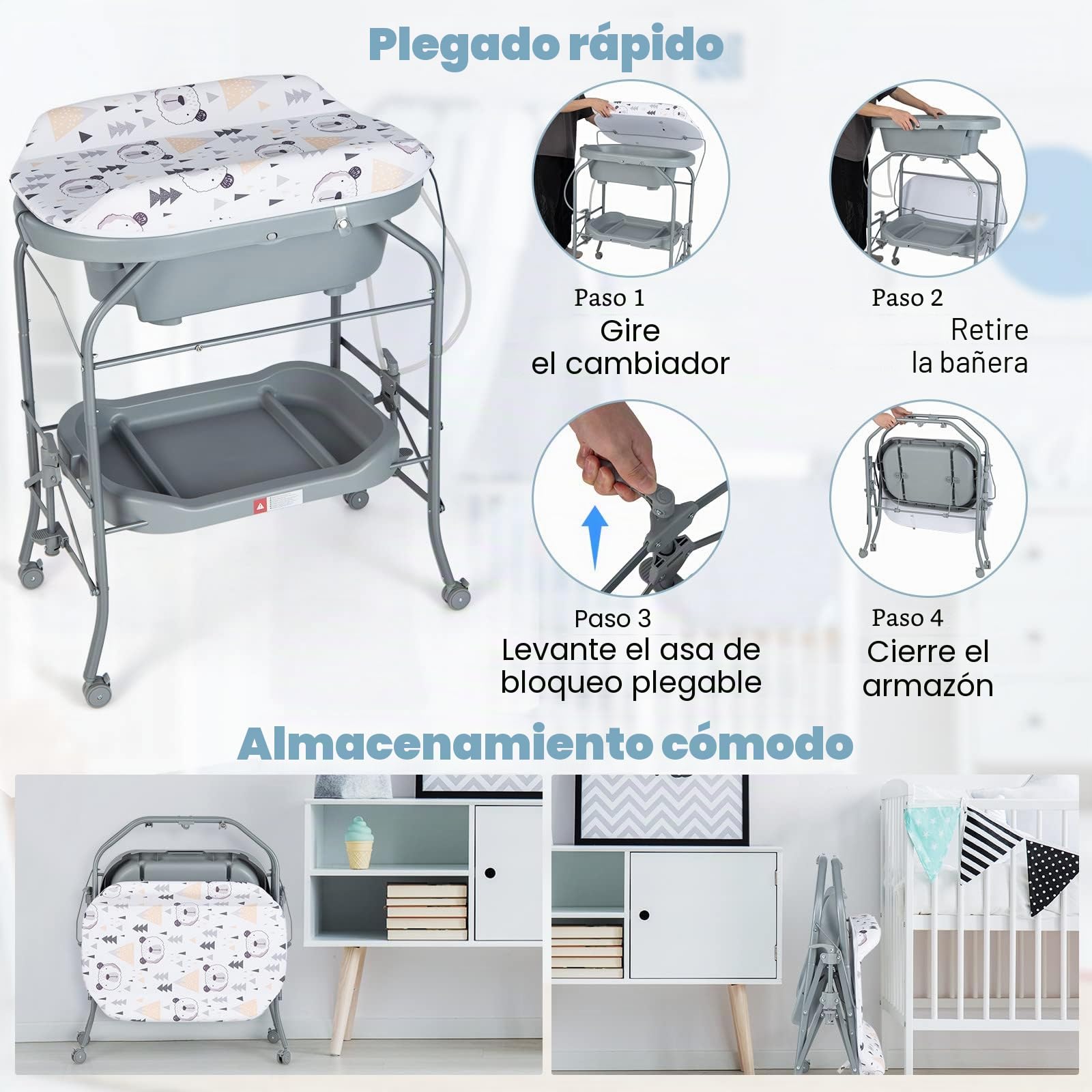 GOPLUS 4 en 1 Cambiador con Bañera, Cambiador de Pañales Plegable y Portátil con Bandeja de Almacenamiento y 4 Ruedas Universales con Frenos, para Bebés de 0-12 Meses, Carga hasta 35 kg (Gris)