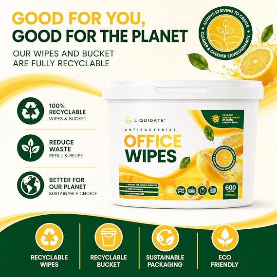Office Wipes - 600 Heavy-Duty Lemon Scented Antibacterial Recyclable Wipes - Eliminates 99.9% of Germs - Perfect for Offices, Desks, Work Surfaces & Homes - Refillable Bucket