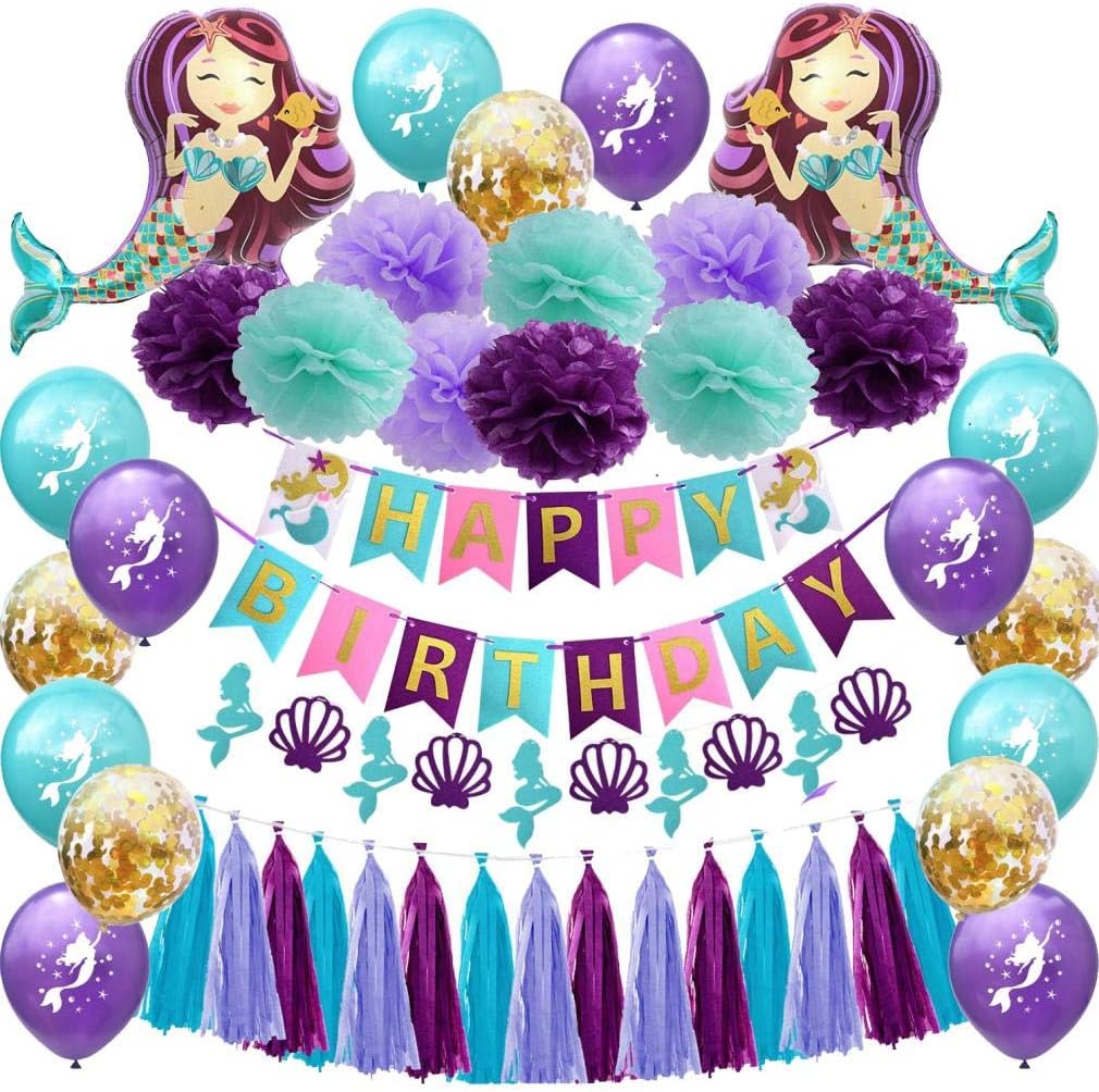 Mermaid Birthday Party Decorations Supplies - Happy Birthday Mermaid Banner, Giant Mermaid Balloon,Pom Pom Paper Flowers, Latex Confetti Balloons For Girl's Birthday Party