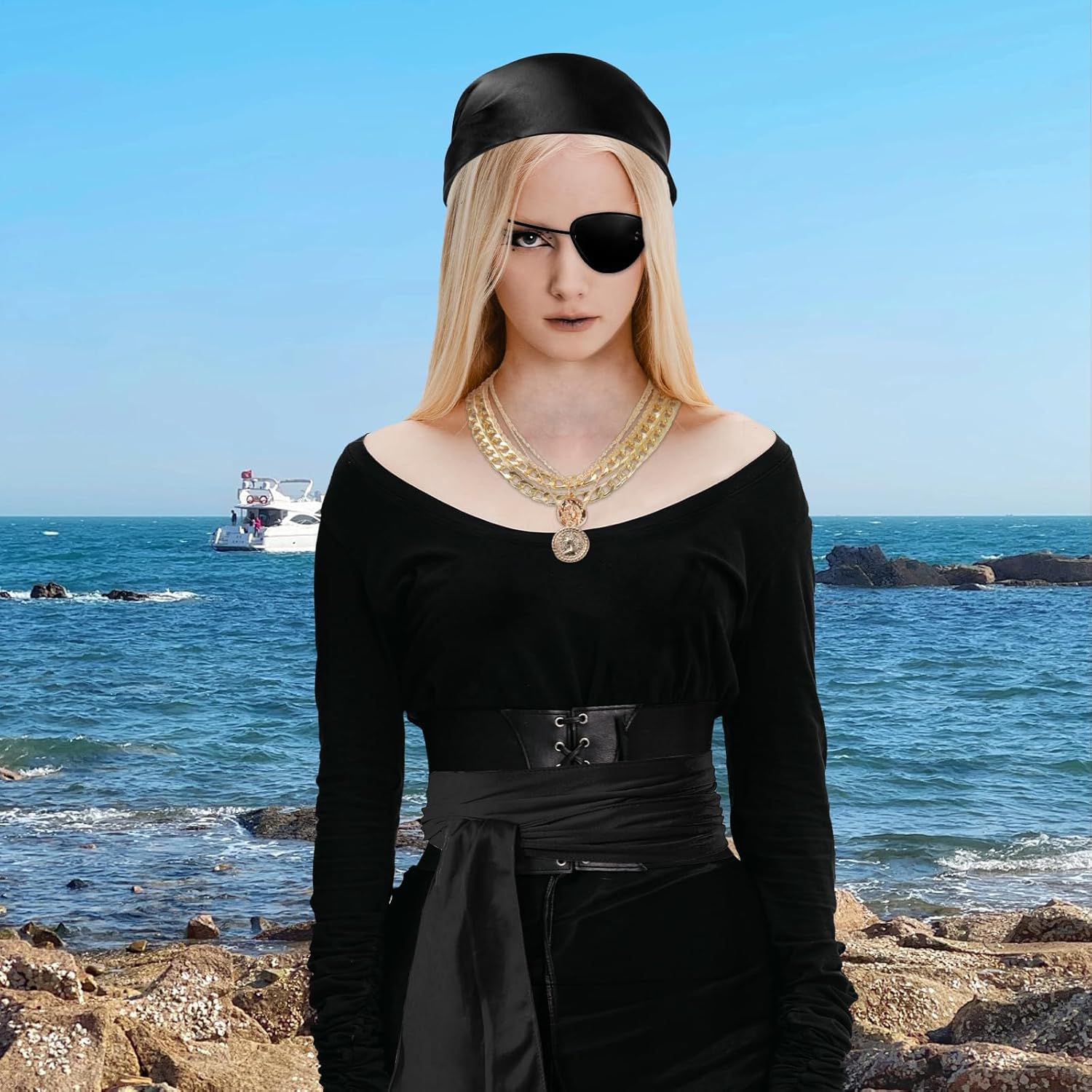 Pirate Costume Accessories Set for Women Pirate Head Scarf Pirates Sash Belt Necklace Bracelets Eye Patch Earrings Dress Accessories for Cosplay Party Dress-Up Ren Faire Carnival - Image 5