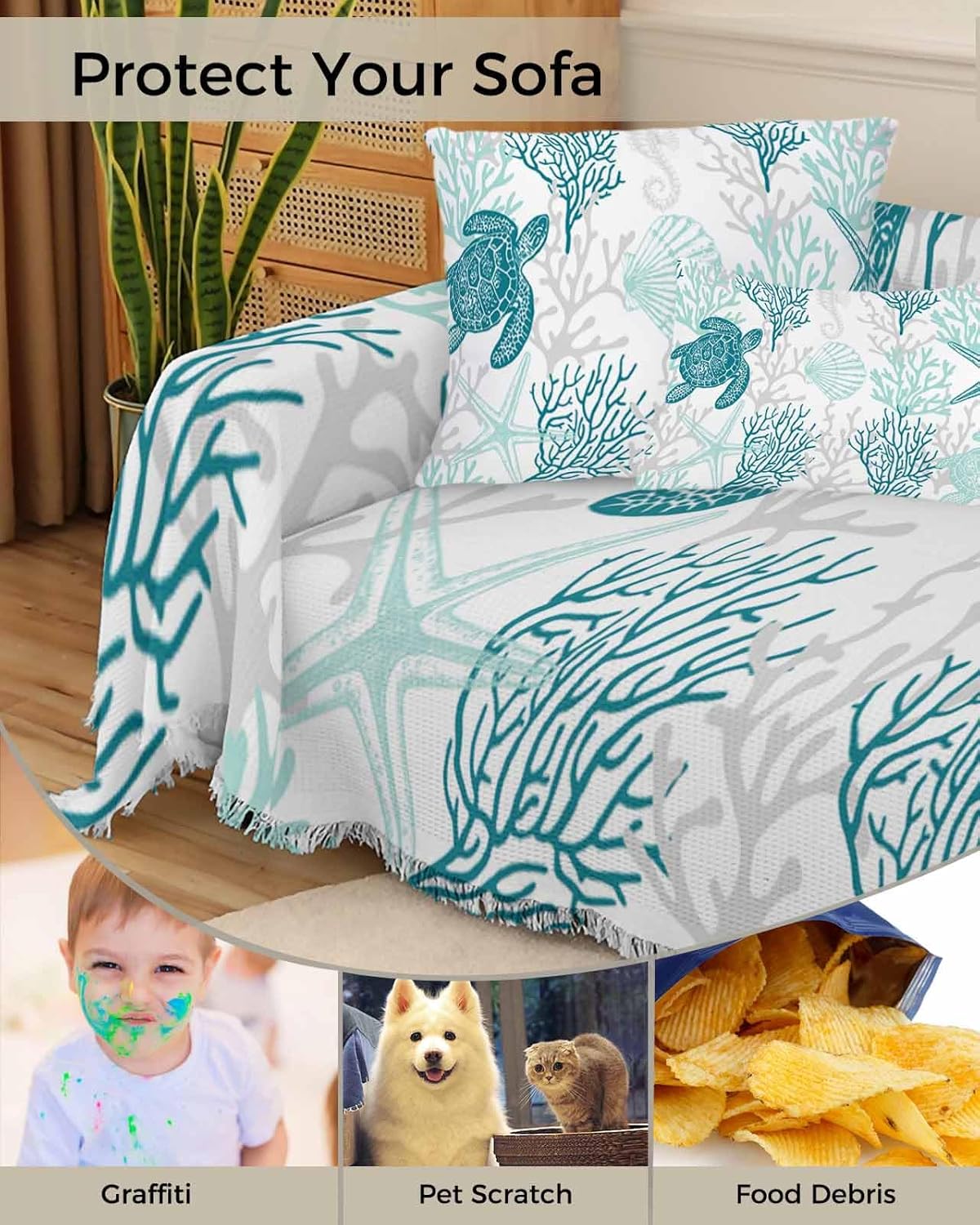 Turquoise Grey Coastal Coral Sofa Covers for 3 Cushion Couch,Washable Sectional & L Shape Couch Covers for Dogs/Cats,Ocean Nautical Summer Beach Turtle Non Slip Sofa Slipcover Futon Cover 71x150