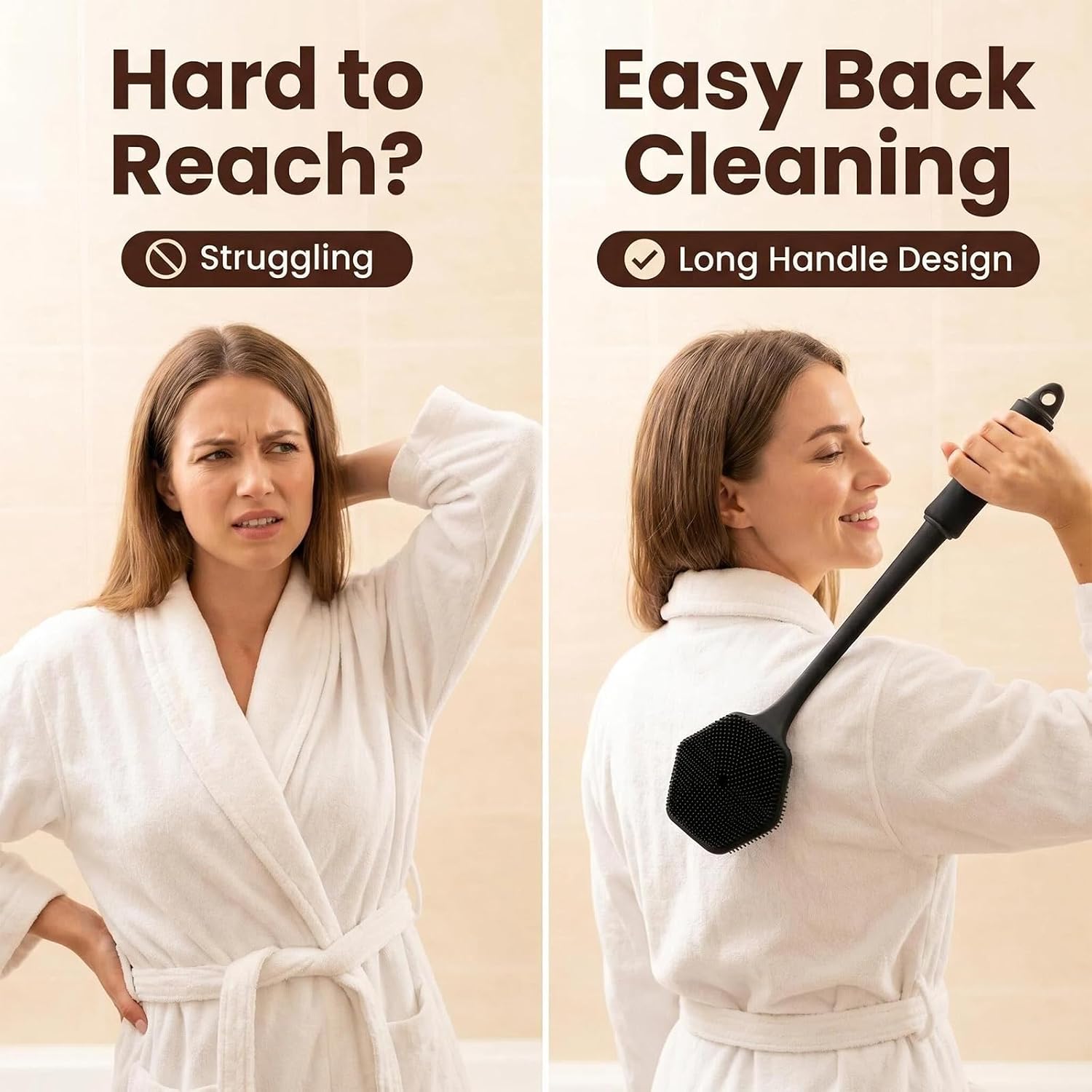 Back Scrubber for Shower & Face Scrubber Set,2Pcs Food-Grade Silicone Exfoliating Brush with 17" Long Handle,Double-Sided Body Brush for Deep Cleansing for Men Women All Skin Types (with Bath Puff