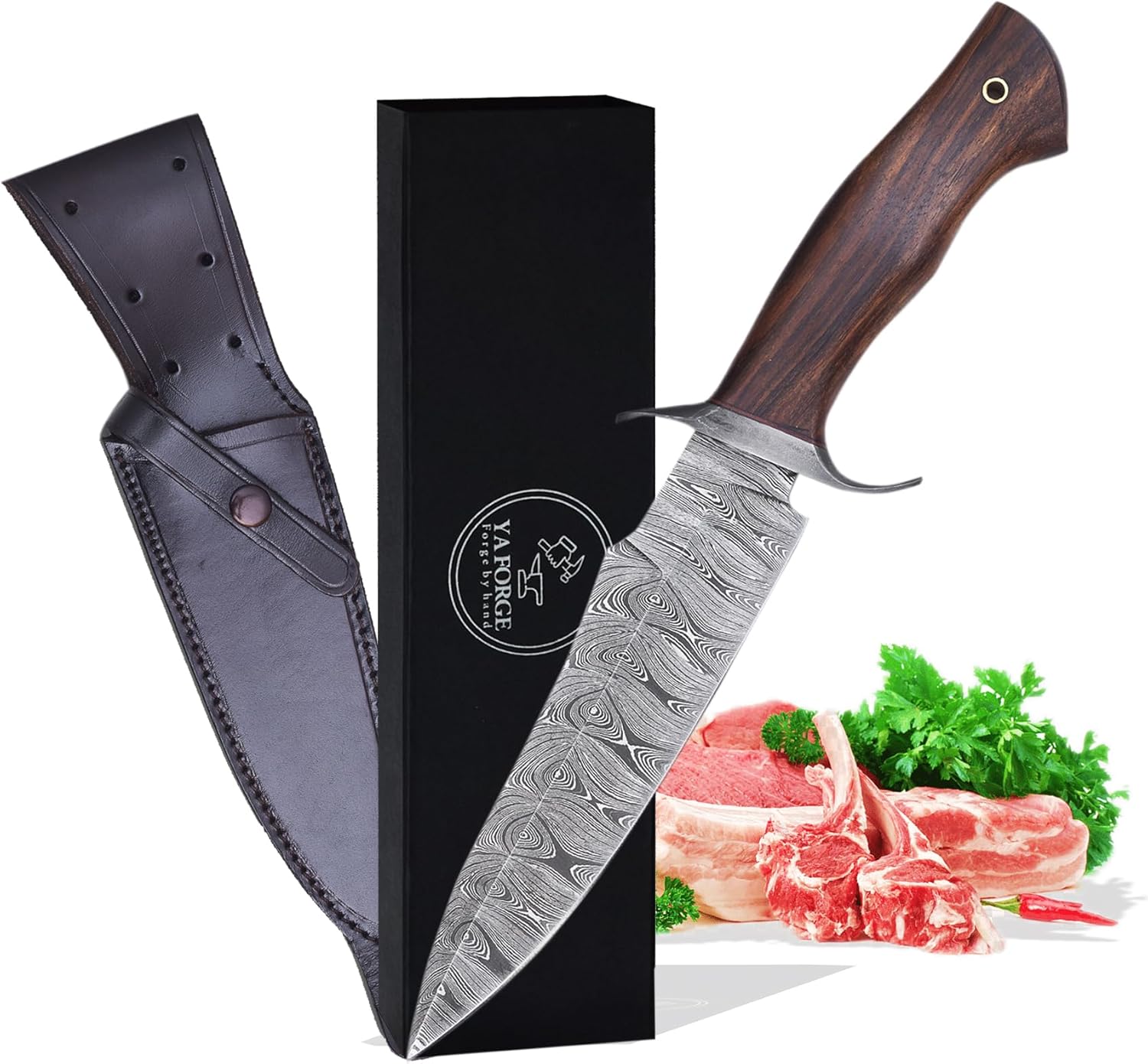 fixed blade hunting knife is your ultimate hunting companion, Hand-forged Damascus Steel Survival Knife with Natural ironwood Handle 12-inch bowie knife, 3-inch Fixed Blade knives with Leather Sheath for Camping, Hiking, Survival, tactical (Natural iron wood)