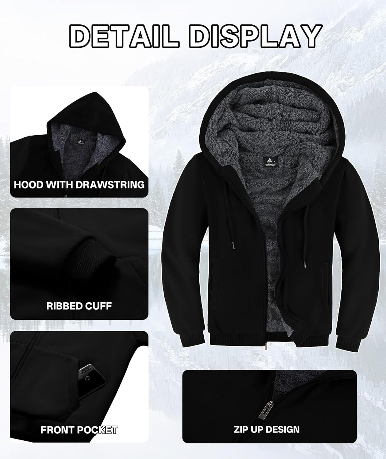 V VALANCH Men Hoodies Zip Up Sherpa Lined Sweatshirts Heavyweight Thick Warm Fleece Winter Jacket - Image 5