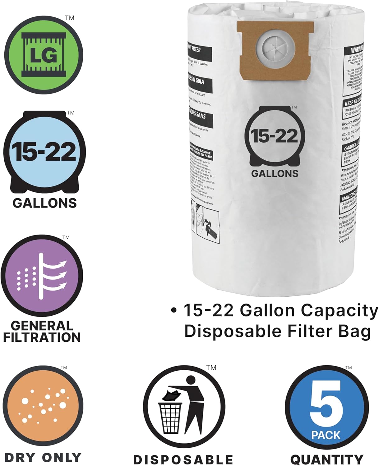 Shop-Vac 9066366, General Filtration Disposable Collection Vacuum Filter Bags, Fits 15-22 Gallon Tanks, White, 5 Pack