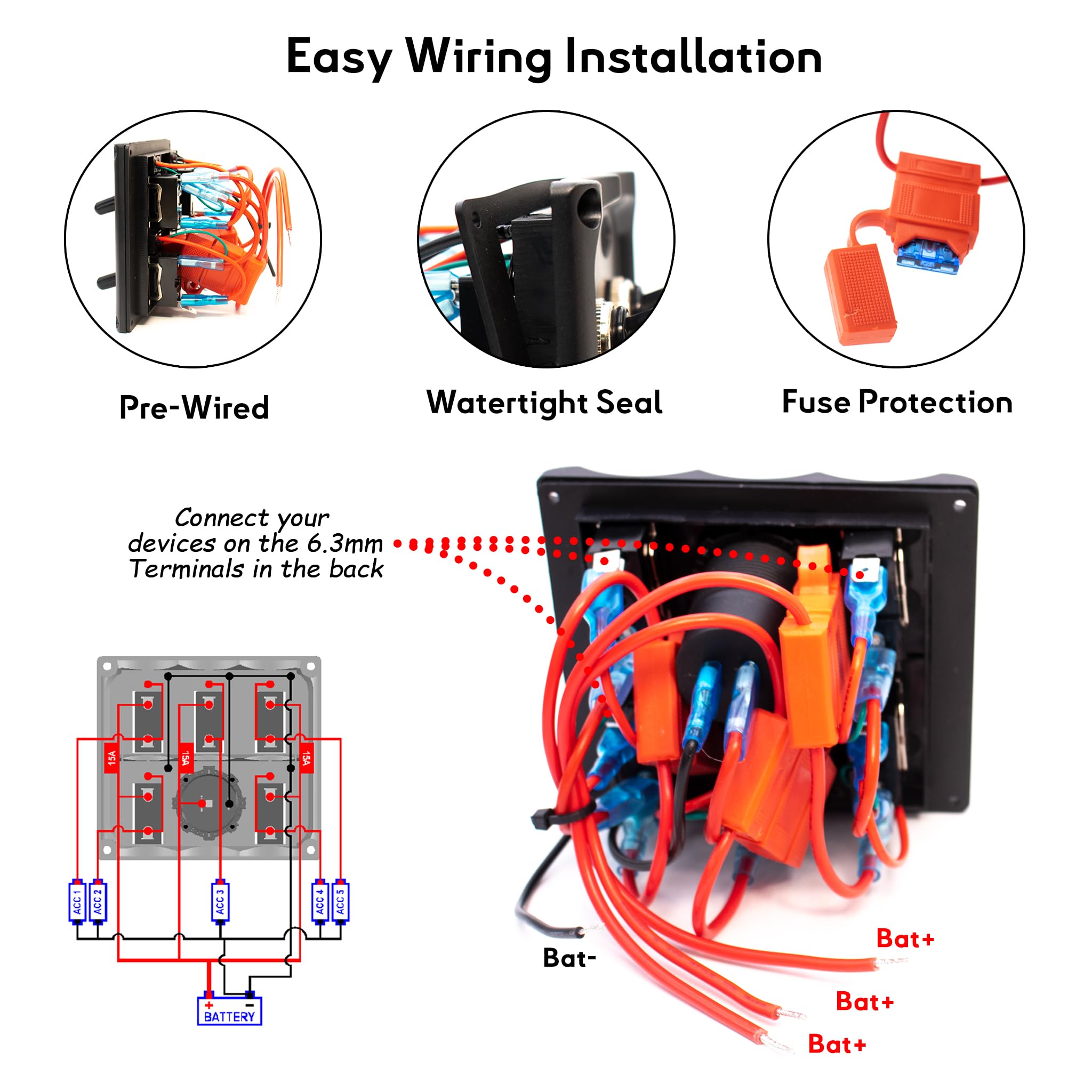 Panneau de commutateurs à bascule étanche IP67 – 5 voies – avec Chargeur Double USB 60W – 12/24V – pour bateau, voilier, yacht, annexe, jetski | BAYWATT (TSP5WU)