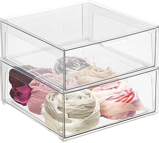 mDesign Plastic Stackable Closet Storage Organizer Bin Containers with Front Pull Drawer for Cabinet, Desk, Shelf, Cupboard, or Dresser Organization - Lumiere Collection - 2 Pack - Clear