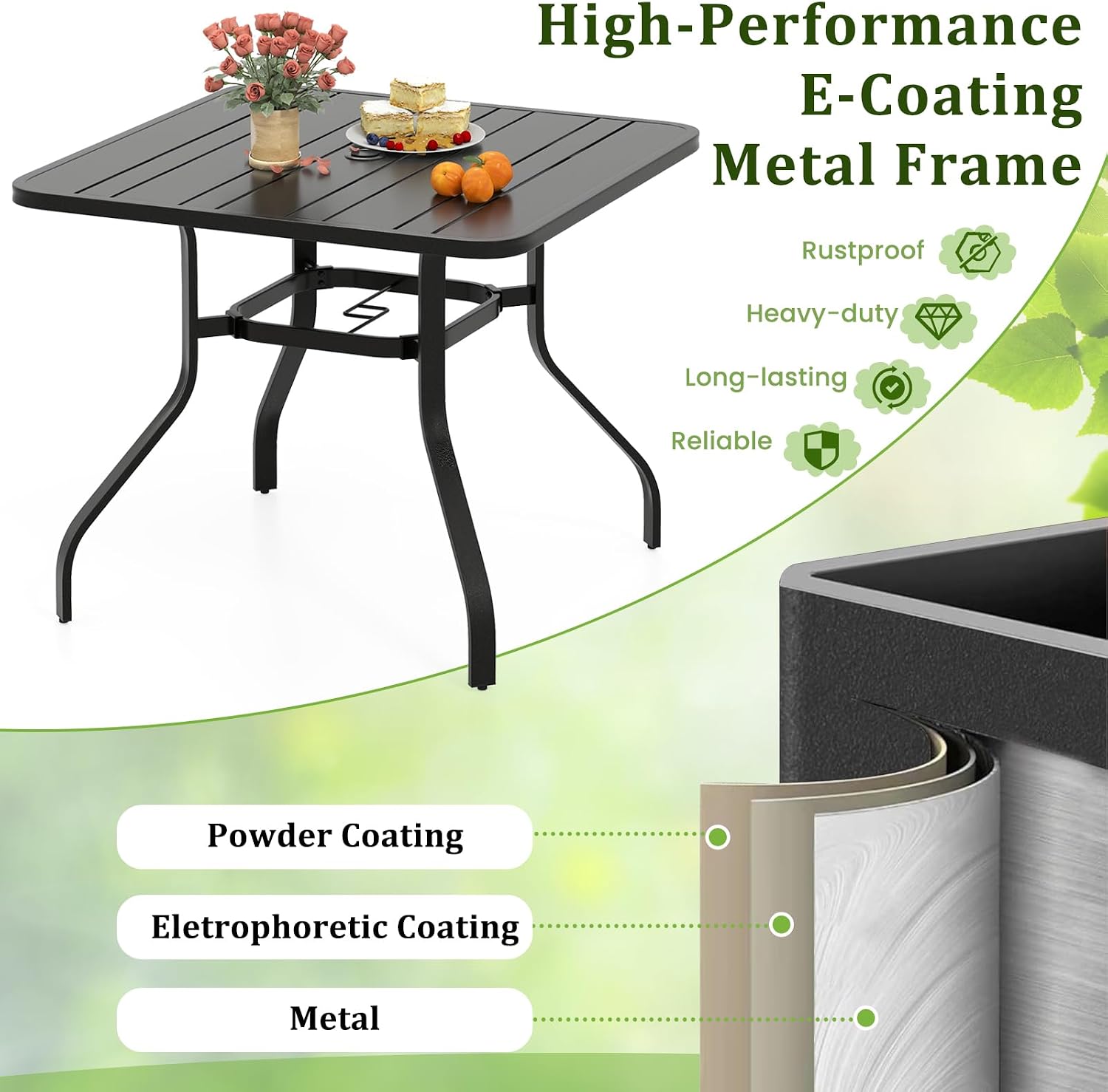 Tangkula 37” Outdoor Dining Table for 4, Square Patio Bistro Dining Table with 1.57” Umbrella Hole and Metal Frame, Outdoor Patio Table for Balcony, Garden and Backyard
