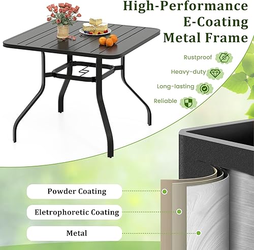 Miniatura 8 de Tangkula Juego de comedor de metal de 5 piezas, mesa de comedor cuadrada de 37 pulgadas con 4 sillas apilables, mesa de listones con agujero para