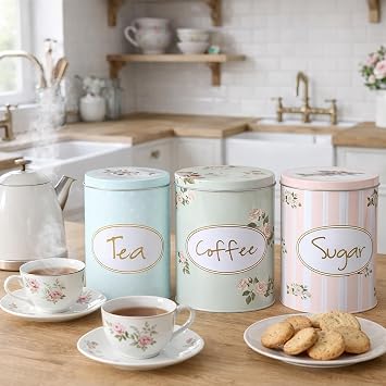 CrazyGadget® 3PC Round Tea Sugar & Coffee Canisters - Metal Vintage Style Floral Shabby Chic Kitchen Storage 15cm Tall 11cm Diameter Attractive Soft Pastel Green Blue & Peach Tones.