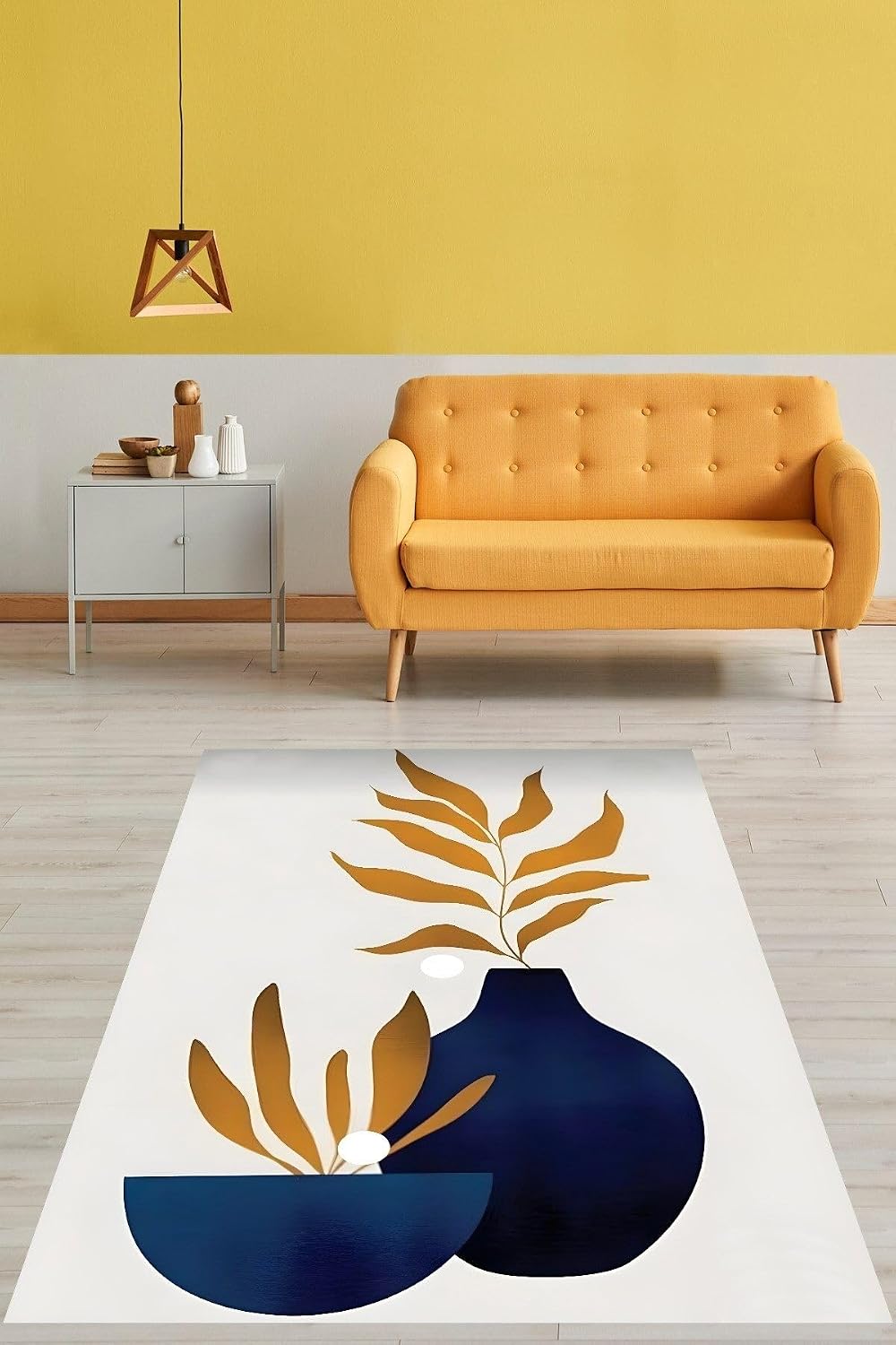 Pelangi Mavi Vazoda Bohemian Tarz Yapraklı Yıkanabilir Kaymaz Taban Leke Tutmaz Salon Halısı Yoluk, Lacivert-Hardal 80 x 400
