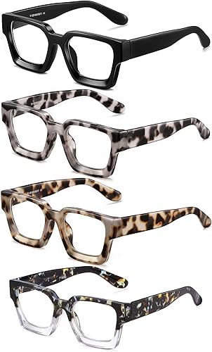 Miniatura 10 de Paquete de 4 lentes de lectura cuadrados clásicos para mujer, lentes de lectura con bloqueo de luz azul con bisagra de resorte, estilo Oprah moderno